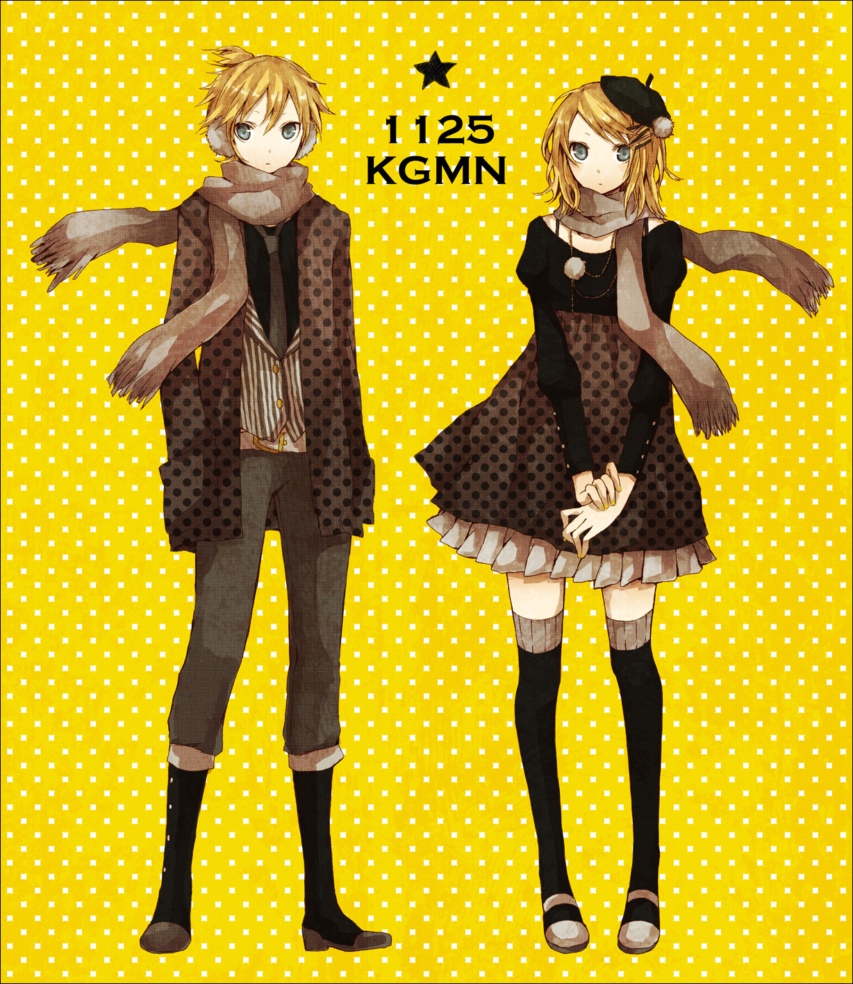 buzz (moi), kagamine len, kagamine rin, vocaloid, striped, highres, 1boy, 1girl, beret, blonde hair, blue eyes, brother and sister, dress, earmuffs, fashion, full body, hair ornament, hairclip, hat, kneehighs, necktie, pinstripe pattern, polka dot, scarf, siblings, socks, spats (footwear), thighhighs, twins, zettai ryouiki