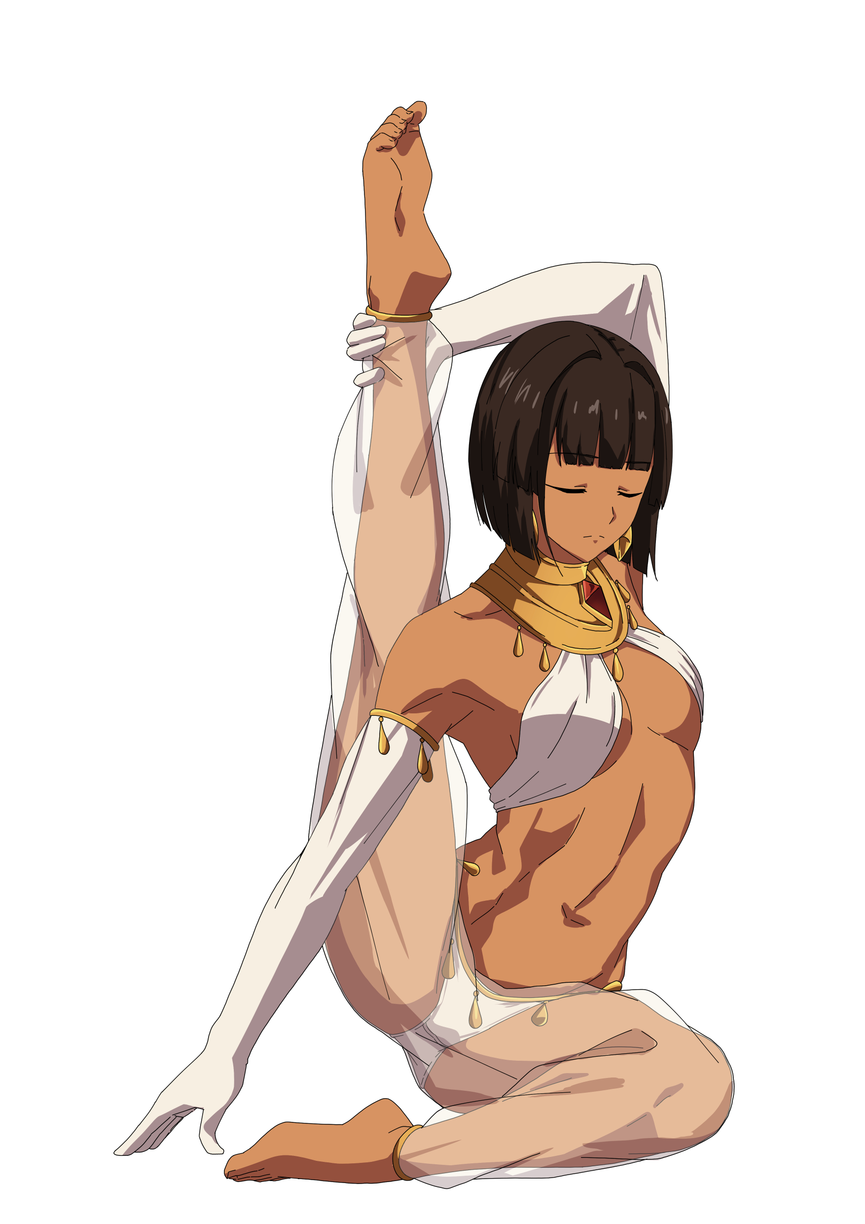 excaliblader, rana (original character), original, absurdres, highres, 1girl, abs, ancient egyptian clothes, bob cut, breasts, brown hair, calm, closed eyes, criss-cross halter, dark-skinned female, dark skin, earrings, gloves, halterneck, harem outfit, jewelry, leg lift, leg up, meditation, navel, panties, red eyes, short hair, sideboob, spread legs, stretching, toned, toned female, toned stomach, translucent, underboob, underwear, white panties, yoga