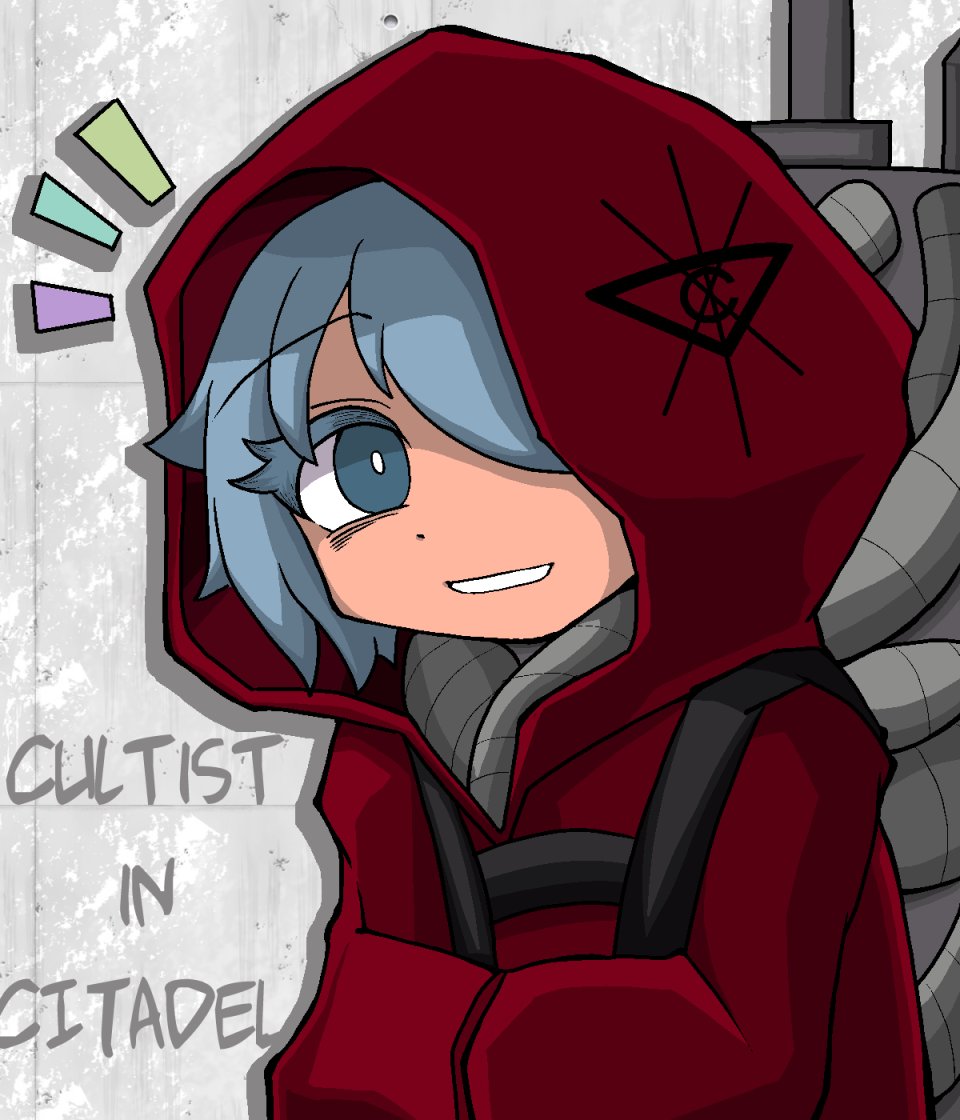 lovins on, cultist (the citadel), the citadel, 1girl, biomechanical, blue eyes, blue hair, character name, copyright name, crossed arms, english text, hair over one eye, happy, long sleeves, machinery, red robe, robe, short hair, smile, solo, tile wall, tiles, white background
