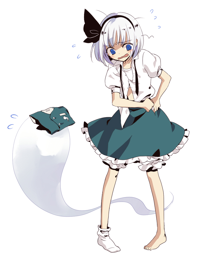 hamu, maoo, konpaku youmu, konpaku youmu (ghost), touhou, silver hair, bad id, bad pixiv id, 1girl, barefoot, blue eyes, dressing, feet, female focus, ghost, hairband, hitodama, short hair, single sock, socks, solo, sweatdrop
