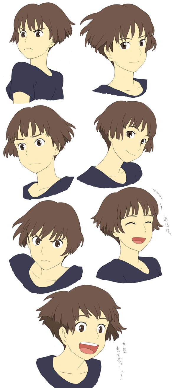 jas (littlecrime), lisa (ponyo), gake no ue no ponyo, studio ghibli, bad id, bad pixiv id, highres, 00s, 1girl, angry, black shirt, blouse, brown hair, happy, multiple expressions, shirt, short hair, smile, surprised