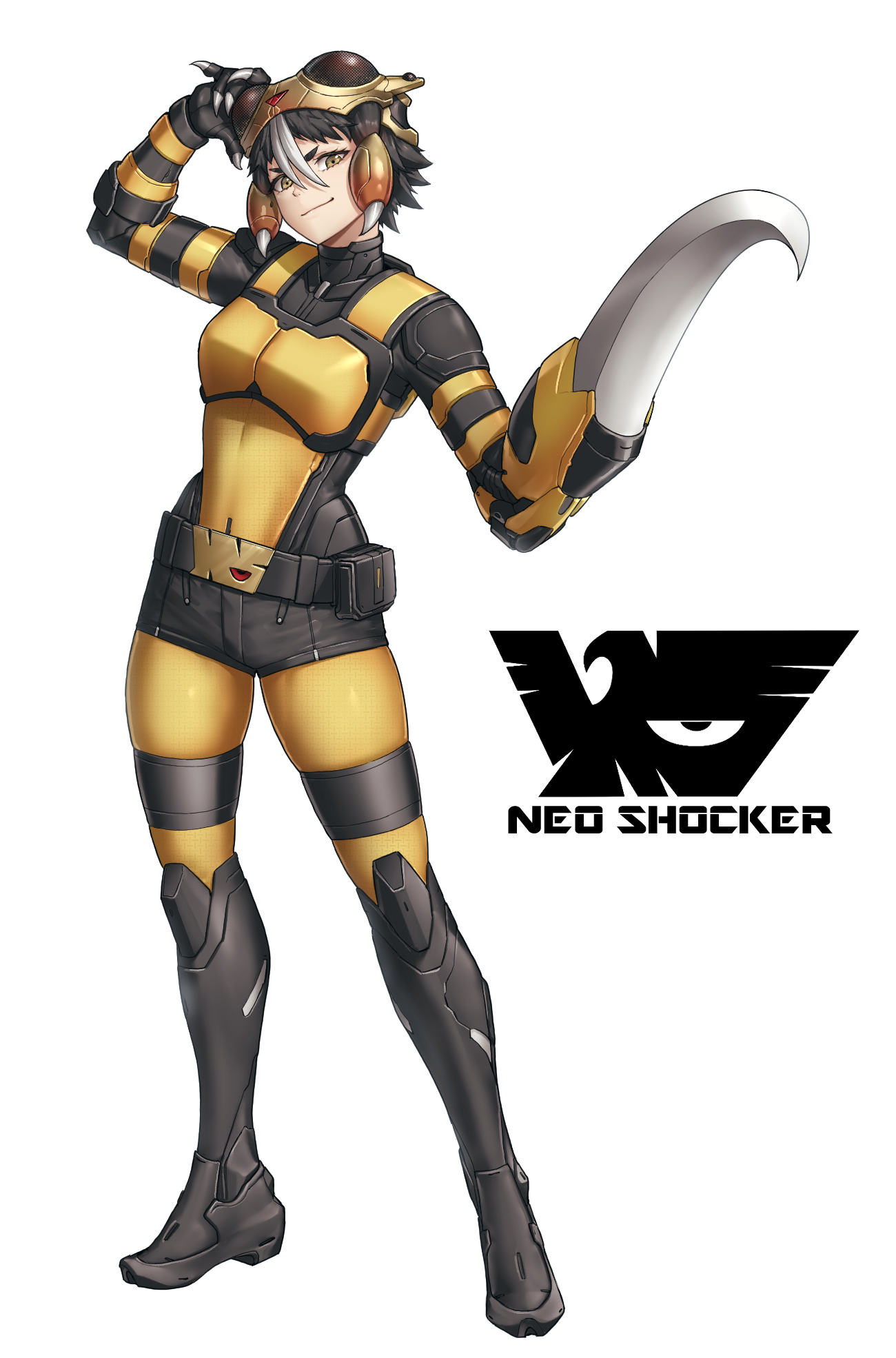 eidenjyou1997, kamen rider, neo kamen rider, commentary request, highres, 1girl, arthropod girl, belt, black belt, black boots, black shorts, blade arm, bodysuit, boots, brown hair, closed mouth, emblem, full body, genderswap, genderswap (mtf), goggles, hand on goggles, insect girl, knee boots, kumonjin, looking at viewer, monster girl, shocker (kamen rider), short hair, shorts, simple background, smirk, solo, spider girl, standing, white background, yellow bodysuit, yellow eyes