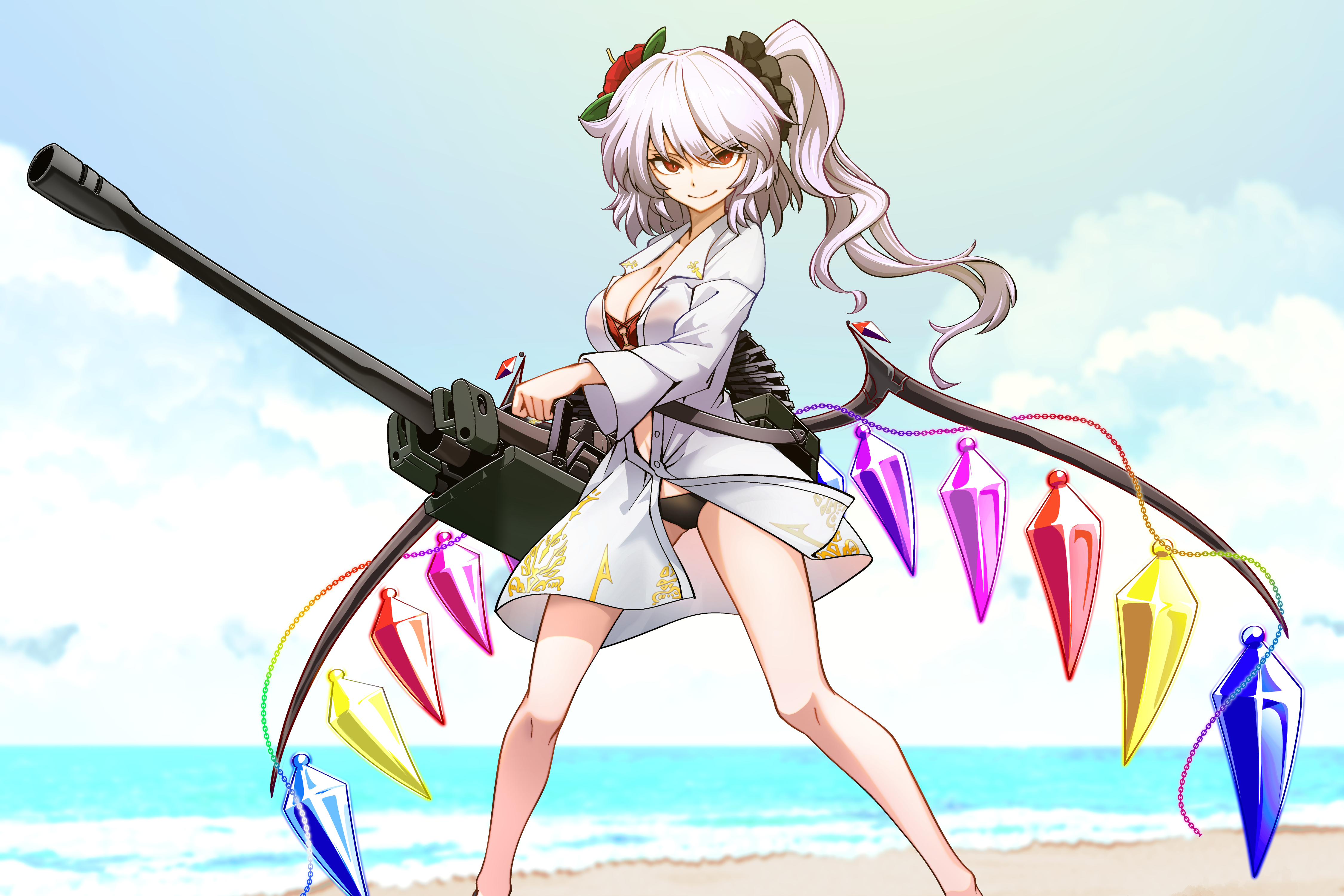 kikoka (mizuumi), flandre scarlet, flandre scarlet (vampire pursuing the hunter), touhou, touhou lostword, absurdres, commentary, commission, highres, pixiv commission, 1girl, alternate costume, alternate hair color, beach, bikini, bikini under clothes, black bikini, breasts, cleavage, closed mouth, cloud, collared shirt, crystal, crystal wings, day, flandre scarlet (vampire pursuing the hunter's vacation), fleur-de-lis, flower, gun, hair flower, hair ornament, hair scrunchie, hibiscus, holding, holding gun, holding weapon, large breasts, long hair, long sleeves, looking at viewer, multicolored wings, o-ring, o-ring bikini, ocean, one side up, partially unbuttoned, purple hair, red eyes, red flower, sand, scrunchie, shirt, smile, solo, swimsuit, weapon, white shirt, wings