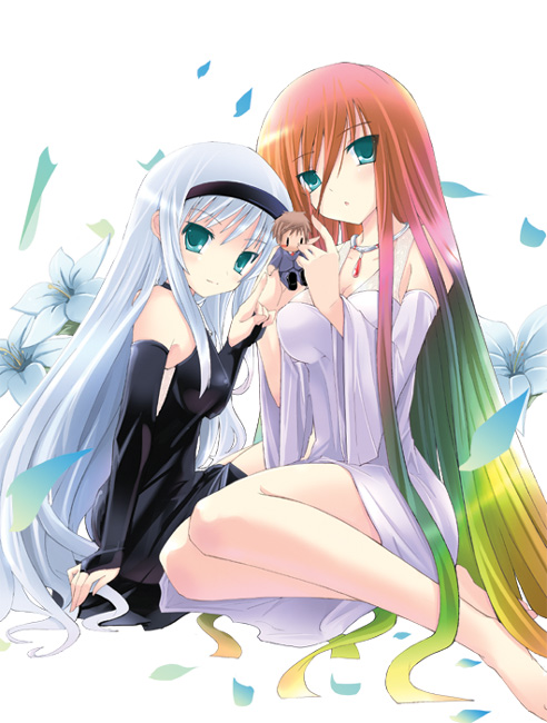 mutou kurihito, kyu-kyu-cute!, 2girls, barefoot, character doll, doll, hairband, multiple girls, red hair, white hair