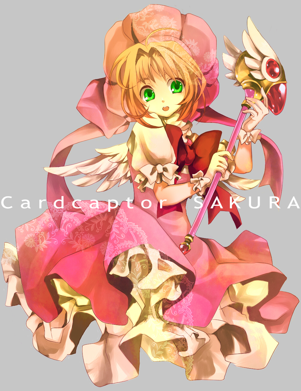 macco, kinomoto sakura, kinomoto sakura (magician), cardcaptor sakura, bad id, bad pixiv id, highres, 1990s (style), 1girl, blonde hair, bow, child, colorful, copyright name, dress, female focus, fuuin no tsue, gloves, green eyes, grey background, hair intakes, hat, magical girl, pink hat, retro artstyle, simple background, solo, staff
