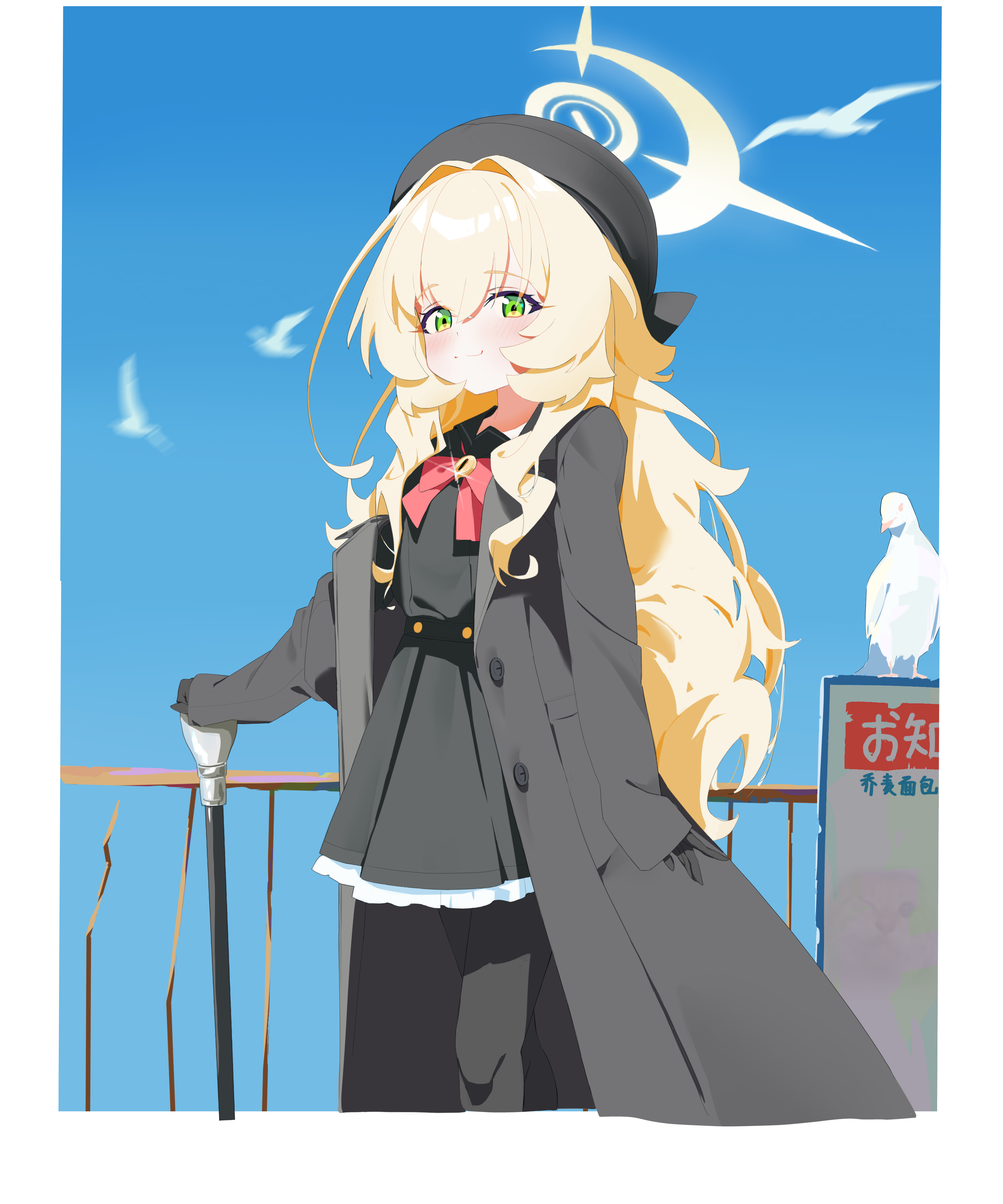 professor niyaniya (blue archive), blue archive, fluffy hair, absurdres, chinese commentary, commentary request, highres, 1girl, :3, arm at side, artist name, beret, bird, black coat, black dress, black gloves, black hat, black pantyhose, black sailor collar, blonde hair, blue sky, blush, border, bow, bowtie, buttons, cane, closed mouth, coat, cropped legs, crossed bangs, dove, dress, frilled dress, frills, glint, gloves, green eyes, hair between eyes, halo, hat, holding, holding cane, long hair, long sleeves, looking at viewer, open clothes, open coat, pantyhose, red bow, red bowtie, sad bread, sailor collar, sky, sleeves past wrists, smile, solo, split mouth, white bird, white border, yellow halo