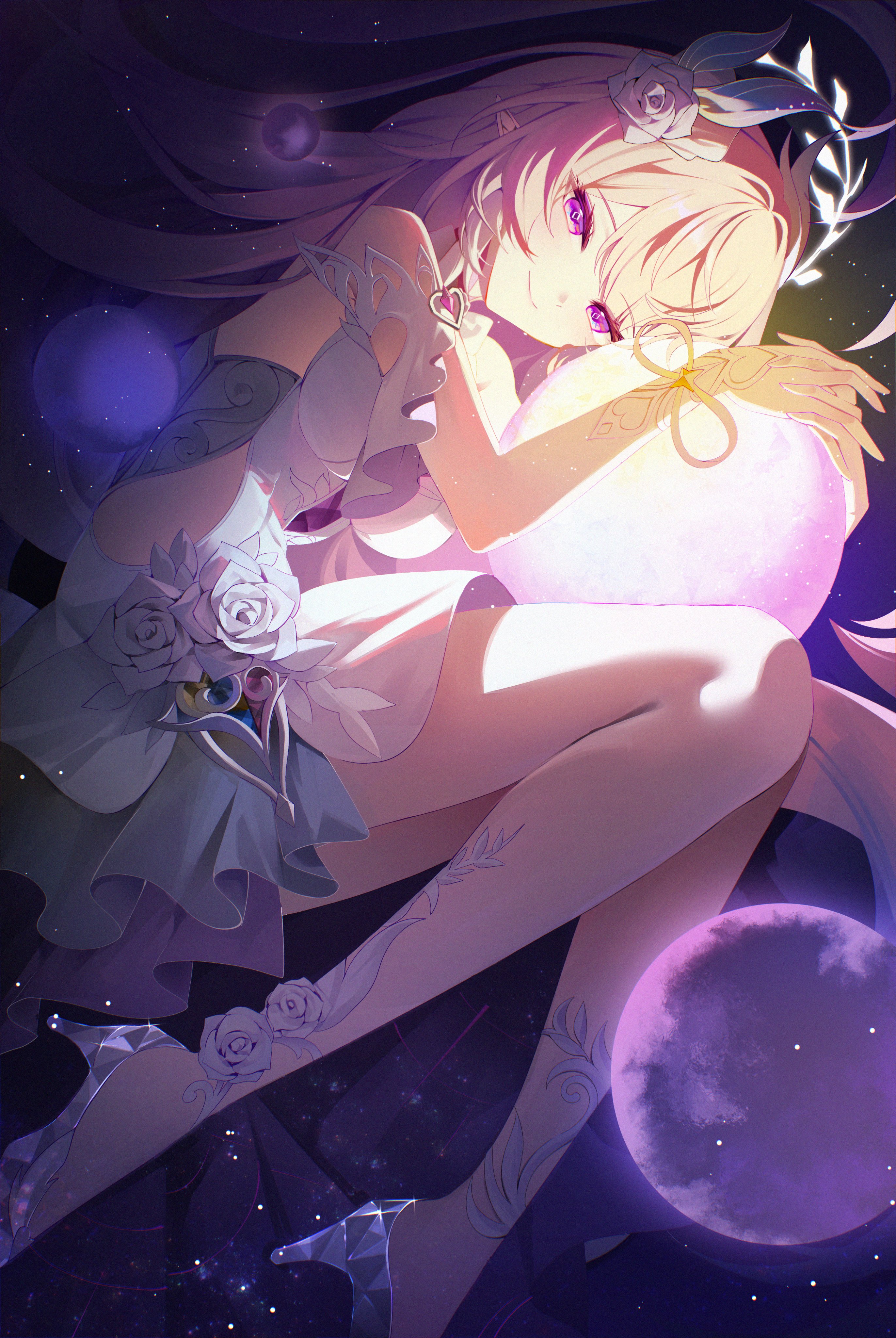 hi i dubu, cyrene (demiurge) (honkai: star rail), cyrene (honkai: star rail), honkai: star rail, honkai (series), absurdres, hashtag-only commentary, highres, revision, 1girl, bare shoulders, breasts, diamond-shaped pupils, diamond (shape), dress, high heels, holding planet, long hair, looking at viewer, medium breasts, pink hair, pointy ears, purple eyes, smile, solo, symbol-shaped pupils, thighs, very long hair, white dress, white hair