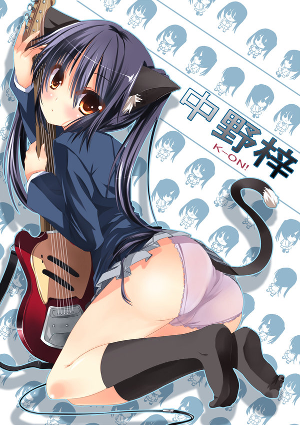 xephonia, nakano azusa, k-on!, bad id, duplicate, animal ears, ass, black hair, blazer, blush, brown eyes, cat ears, cat tail, feet, guitar, instrument, jacket, kneehighs, kneeling, long hair, mustang (guitar), panties, pink panties, school uniform, skirt, socks, solo, tail, twintails, underwear