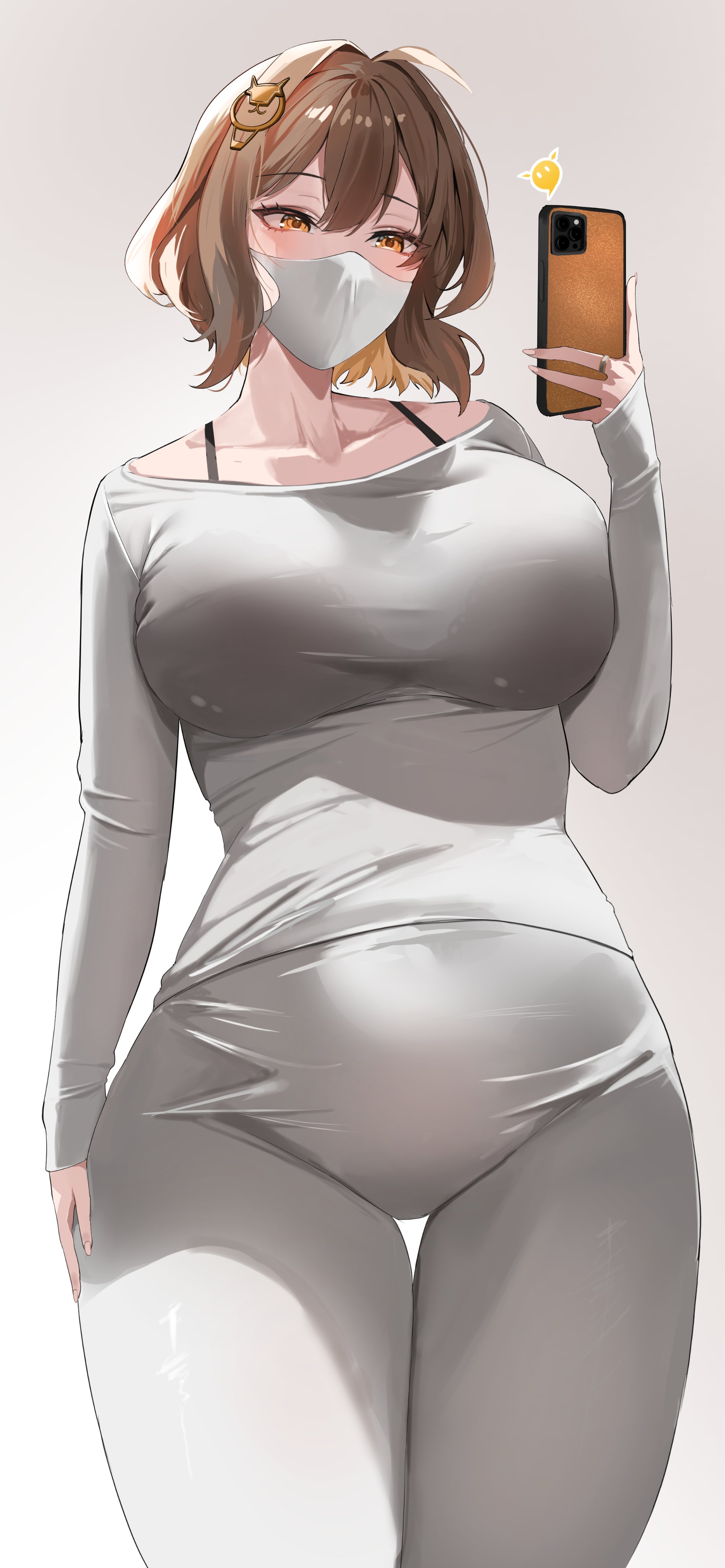 miz blank, anis (nikke), goddess of victory: nikke, absurdres, commentary, english commentary, highres, 1girl, alternate costume, blabla (nikke), breasts, brown eyes, brown hair, cellphone, collarbone, hair between eyes, holding, holding phone, jewelry, large breasts, long sleeves, mask, medium hair, mouth mask, pants, phone, ring, shirt, simple background, sleeves past wrists, smartphone, solo, standing, white background, white pants, white shirt