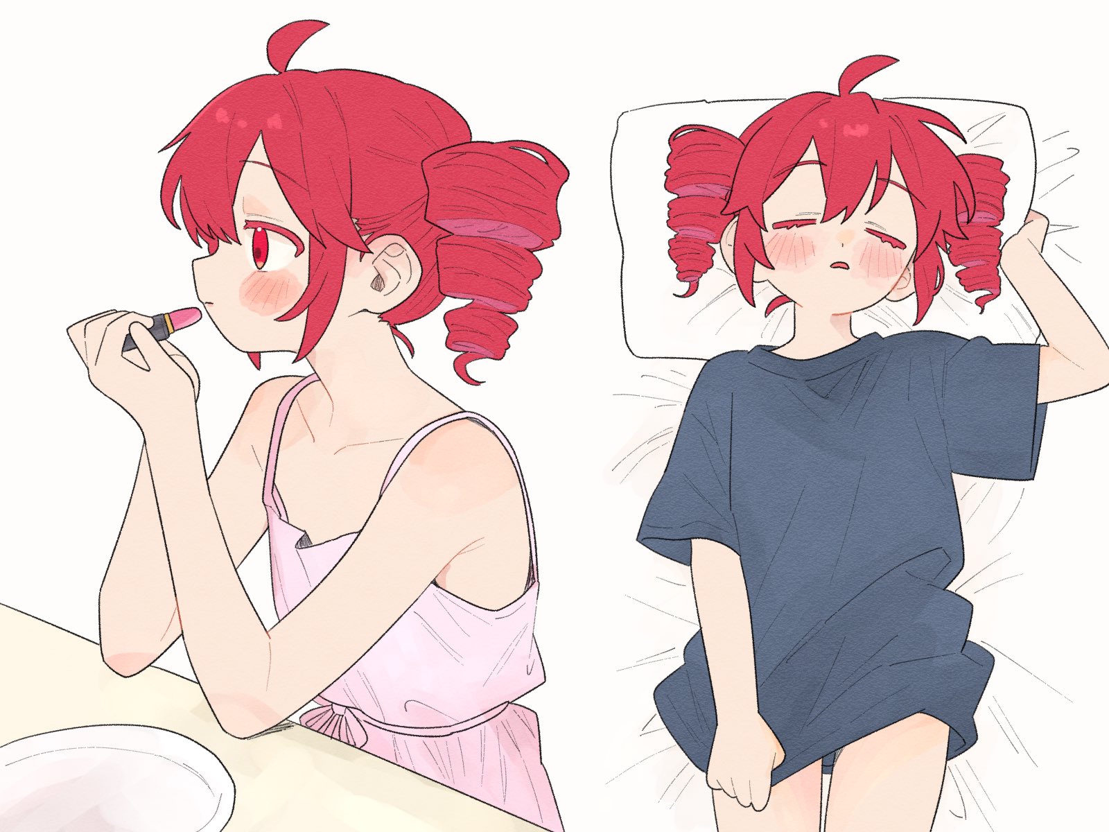 ofo j1, kasane teto, utau, highres, 1girl, ahoge, applying lipstick, applying makeup, applying own makeup, bare arms, bare shoulders, black shirt, blush, closed mouth, collarbone, cosmetics, dress, drill hair, flat chest, holding, holding lipstick tube, lipstick, lipstick tube, lying, makeup, multiple views, on back, on bed, parted lips, pillow, pink dress, red eyes, red hair, shirt, shirt tug, short hair, short sleeves, simple background, sink, sleeping, sleeveless, sleeveless dress, twin drills, white background