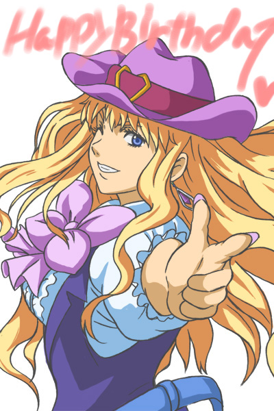 hirasawa meio, sheryl nome, macross, macross frontier, macross frontier: itsuwari no utahime, 00s, blonde hair, blue eyes, cowboy hat, cowboy western, earrings, hat, jewelry, one eye closed, single earring, solo, wink