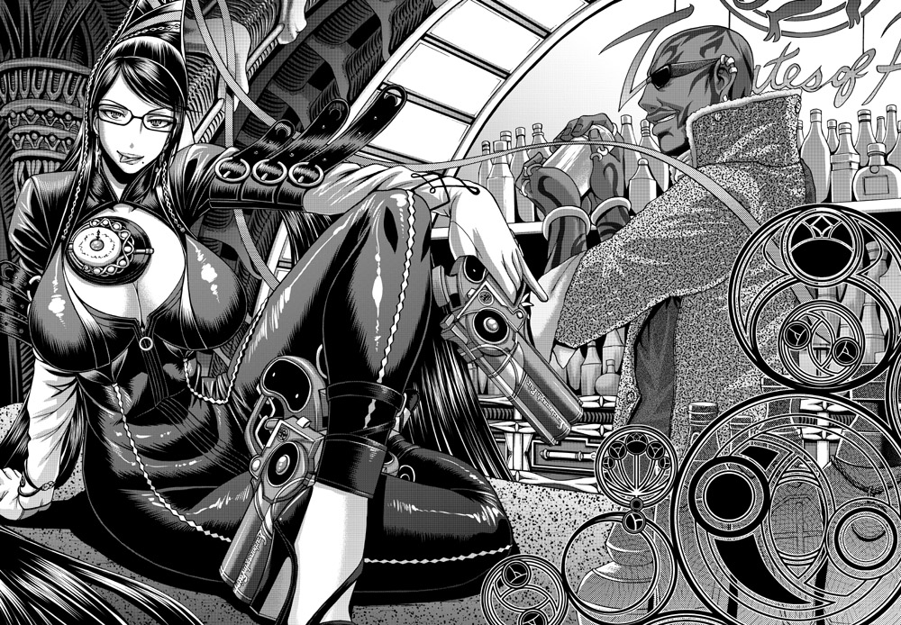 chiba toshirou, bayonetta, rodin, bayonetta (series), bayonetta 1, 1boy, 1girl, :p, arm support, bald, bodysuit, bottle, bracelet, breasts, cleavage, crossed legs, dark skin, elbow gloves, glasses, gloves, greyscale, gun, high heels, huge breasts, jewelry, lipstick, long hair, makeup, manly, mole, mole under mouth, monochrome, naughty face, shoes, sitting, strap, sunglasses, tongue, tongue out, very long hair, weapon