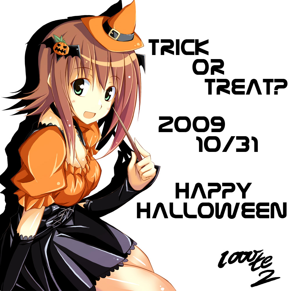 sentetsu, amami haruka, idolmaster, idolmaster (classic), 00s, 1girl, 2009, blush, breasts, brown hair, cleavage, dated, female focus, food-themed hair ornament, green eyes, hair ornament, hair ribbon, halloween, happy halloween, hat, medium breasts, pumpkin hair ornament, ribbon, short hair, skirt, solo, trick or treat
