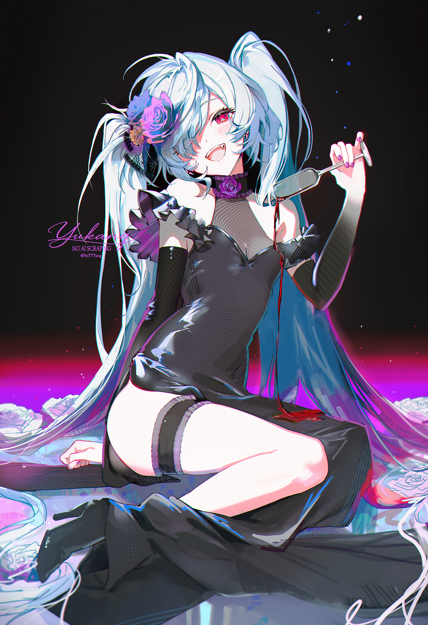 yutttang, hatsune miku, vocaloid, highres, 1girl, :d, black choker, black dress, black shoes, blue hair, blush, breasts, camellia, choker, cup, dress, drinking glass, fang, flower, frilled choker, frills, hair flower, hair ornament, hair over one eye, hiasobi (vocaloid), holding, holding cup, long hair, open mouth, pouring, pouring onto self, purple flower, red eyes, see-through cleavage, see-through clothes, shoes, small breasts, smile, solo, twintails, very long hair