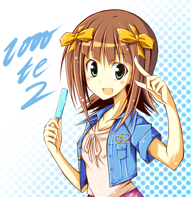 sentetsu, amami haruka, idolmaster, idolmaster (classic), 00s, blush, brown hair, food, green eyes, hair ribbon, jacket, popsicle, ribbon, short hair, solo