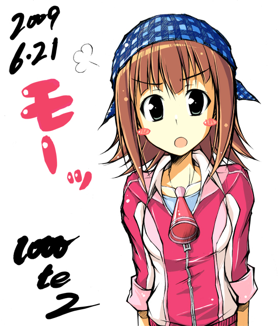 sentetsu, amami haruka, idolmaster, idolmaster (classic), 00s, blue headscarf, blush stickers, brown hair, headscarf, jacket, short hair, sleeves rolled up