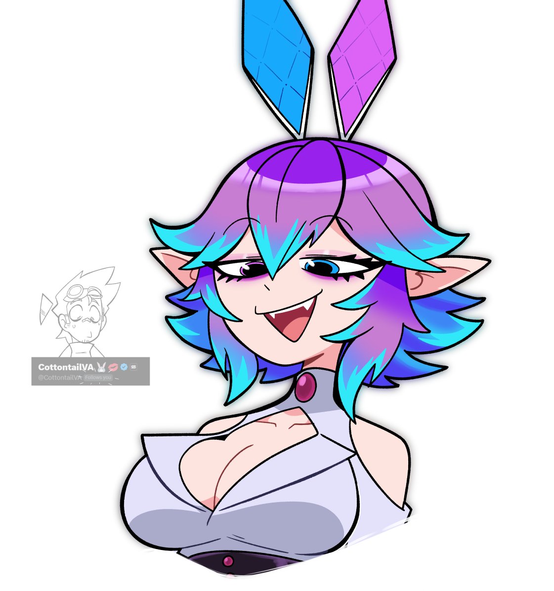 scott falco, cottontail (vtuber), indie virtual youtuber, commentary, english commentary, 1boy, 1girl, 2025, :d, arms at sides, bandaid, bandaid on face, bandaid on nose, beard stubble, blue eyes, blue hair, breasts, cleavage, closed mouth, clothing cutout, cropped torso, eyebrows hidden by hair, fang, fang out, goggles, goggles on head, hair between eyes, half-closed eyes, heterochromia, lapels, large breasts, medium hair, multicolored hair, nervous sweating, open mouth, peaked lapels, pointy ears, purple eyes, purple hair, rabbit ears, shirt, short hair, shoulder cutout, sidelocks, simple background, smile, smug, spiked hair, streaked hair, stubble, sweat, teeth, toon (style), turtleneck, twitter username, upper teeth only, virtual youtuber, white shirt