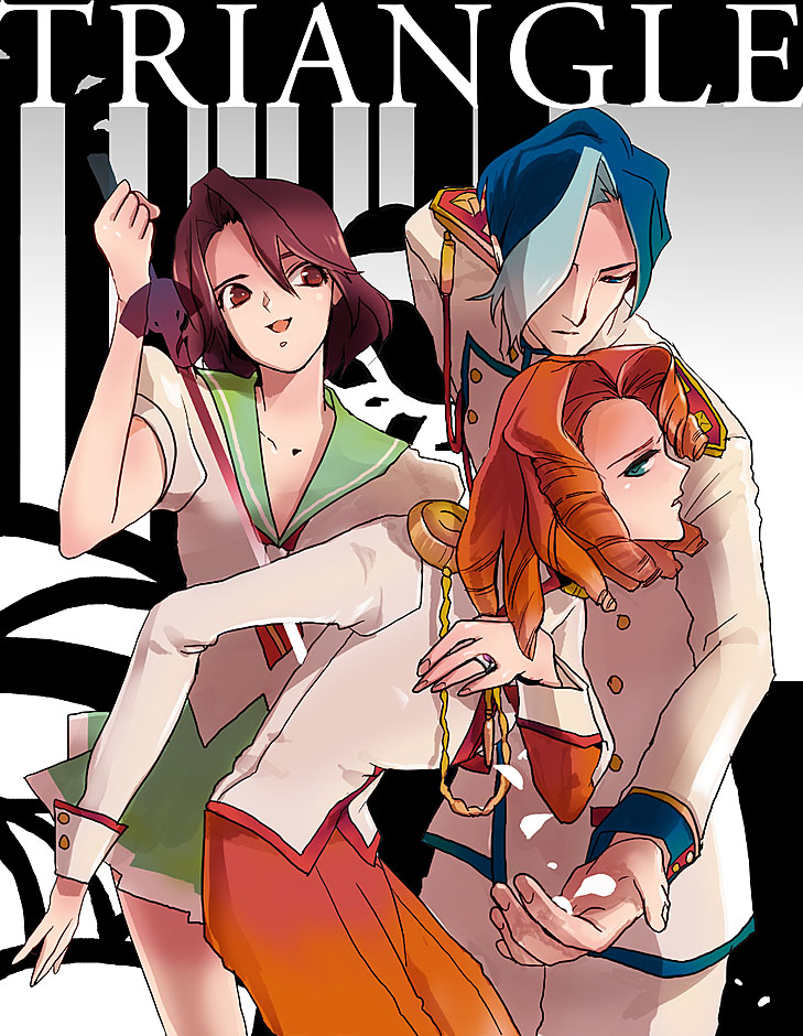 sushiyama, arisugawa juri, takatsuki shiori, tsuchiya ruka, momotarou, shoujo kakumei utena, spoilers, 1990s (style), 1boy, 2girls, aiguillette, blue hair, curly hair, green eyes, jewelry, love triangle, multiple girls, orange hair, red eyes, ring, school uniform, sword, weapon