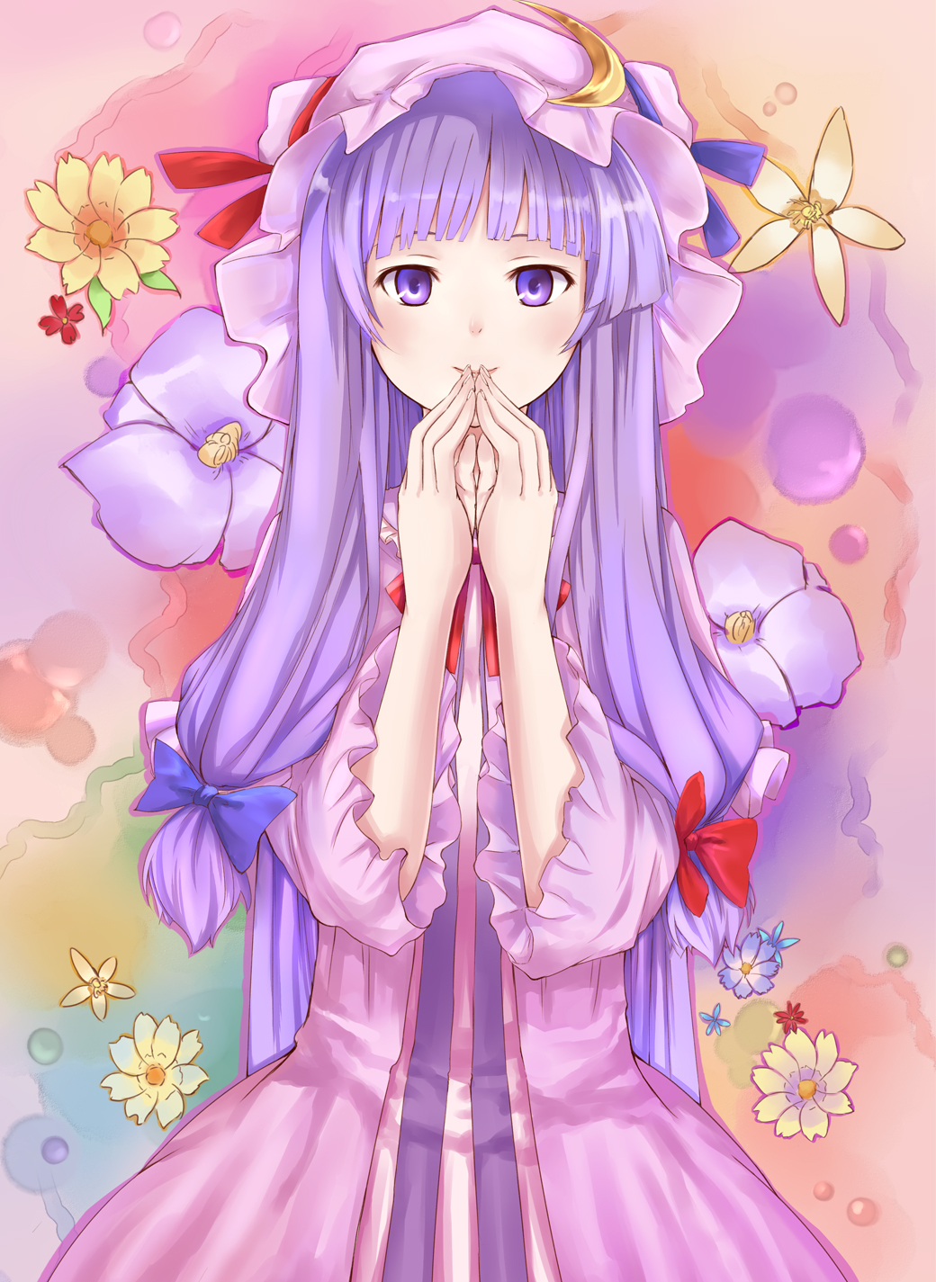 hangetsuakibarika, patchouli knowledge, touhou, highres, 1girl, female focus, flower, hat, long hair, plant, purple eyes, purple hair, solo, standing