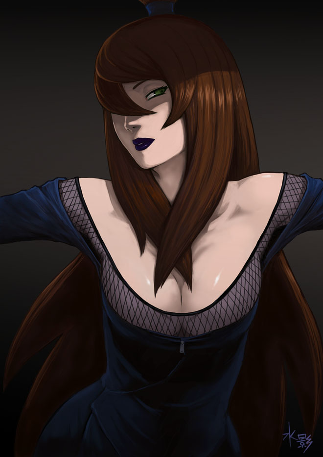 nier (l215), terumi mei, naruto (series), naruto shippuuden, 1girl, breasts, brown hair, cleavage, female focus, green eyes, hair over one eye, large breasts, lipstick, long hair, makeup, naughty face, solo