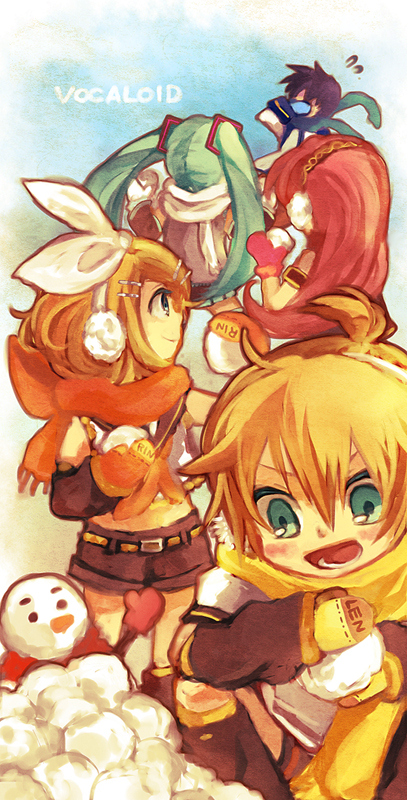 mukkun, hatsune miku, kagamine len, kagamine rin, kaito (vocaloid), megurine luka, vocaloid, 2boys, 3girls, aqua eyes, blonde hair, gloves, hair ornament, hair ribbon, hairclip, multiple boys, multiple girls, ribbon, scarf, smile, snow, snowball, twintails