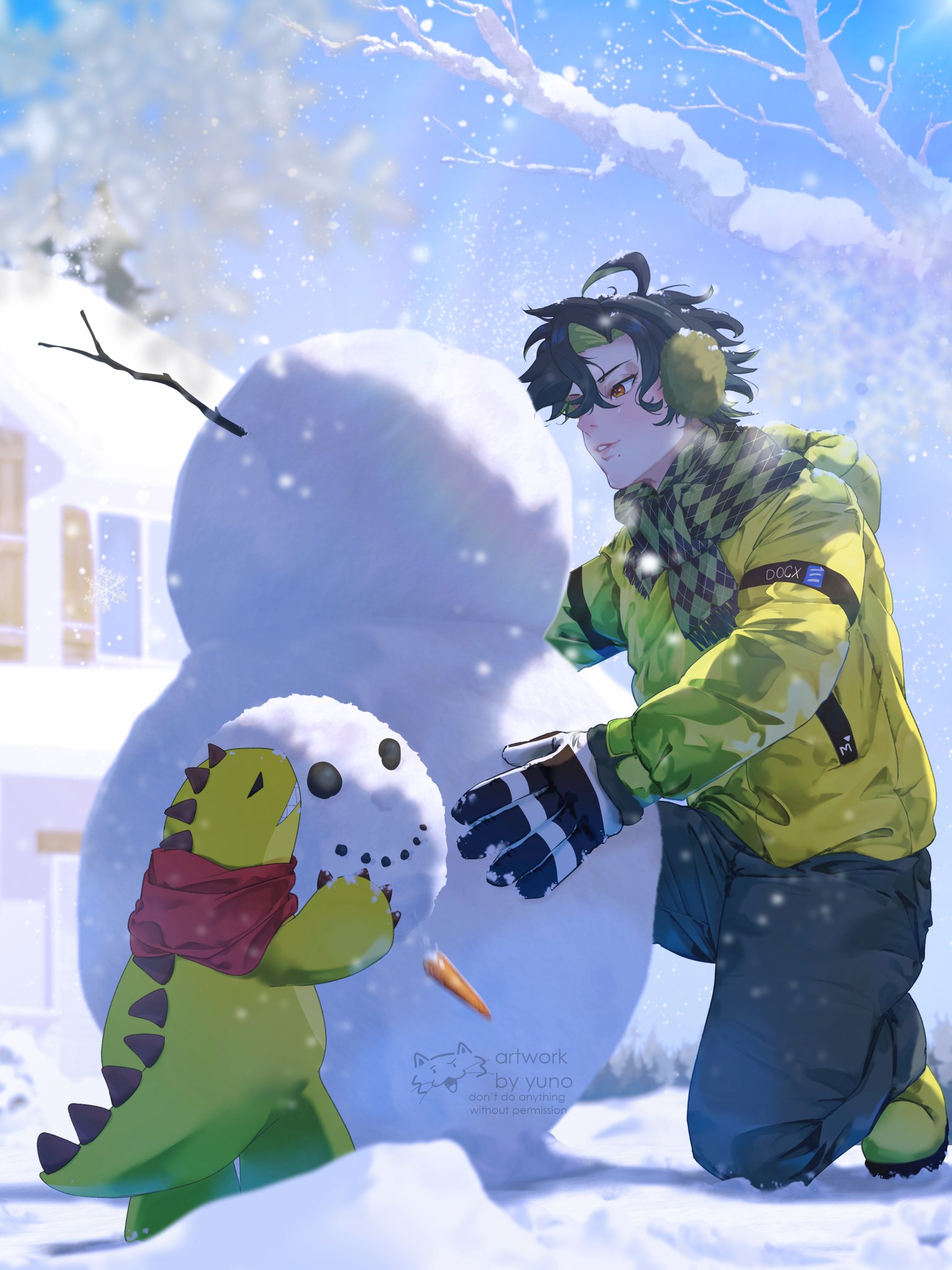 yuno maname, indie virtual youtuber, commentary, highres, 1boy, black gloves, black hair, boots, building snowman, coat, dinosaur, earmuffs, gloves, green boots, green coat, male focus, messy hair, mujin (vtuber), orange eyes, outdoors, short hair, snow, snowman, virtual youtuber, winter, winter clothes