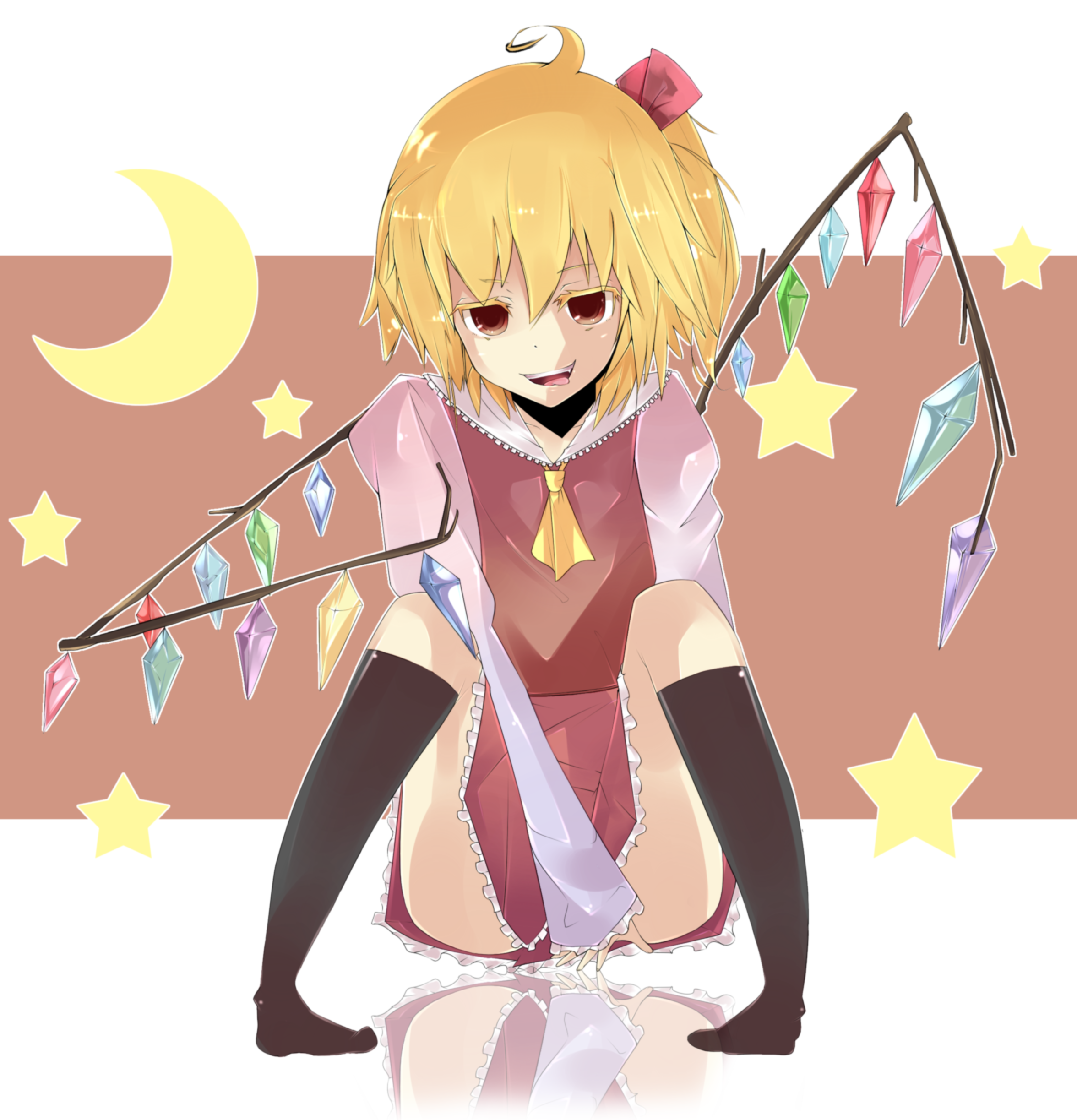 haekake, flandre scarlet, touhou, absurdres, bad id, bad pixiv id, highres, 1girl, bad anatomy, bad feet, blonde hair, crescent moon, fang, feet, female focus, kneehighs, moon, poorly drawn, red eyes, short hair, socks, solo, star (symbol), tongue, tongue out, wings