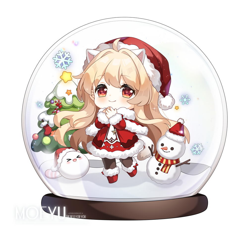 loading (verjuice), original, > <, 1girl, :d, ahoge, animal ears, blonde hair, blush, boots, bow, brown pantyhose, capelet, cat ears, cat girl, cat tail, chibi, christmas, christmas ornaments, christmas tree, closed mouth, dress, fur-trimmed boots, fur-trimmed capelet, fur-trimmed dress, fur-trimmed sleeves, fur trim, hair intakes, hands up, long hair, long sleeves, looking at viewer, open mouth, own hands together, pantyhose, puffy long sleeves, puffy sleeves, red boots, red bow, red capelet, red dress, red eyes, simple background, smile, snow globe, snowflakes, snowman, solo, standing, standing on one leg, star (symbol), tail, very long hair, white background, xd