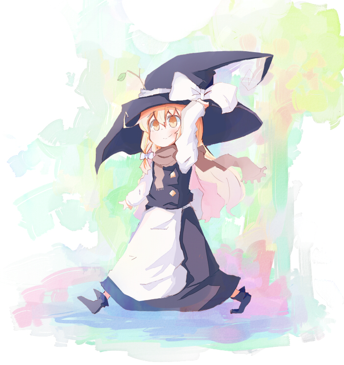 yatani row, kirisame marisa, perfect cherry blossom, touhou, bad id, bad pixiv id, 1girl, blonde hair, boots, branch, buttons, dress, female focus, full body, hair ribbon, hand on headwear, hat, leaf, ribbon, scarf, smile, solo, walking, witch, witch hat, yellow eyes