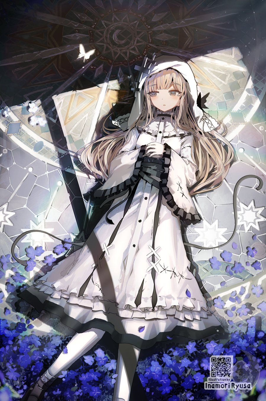 inamori ryusa, hikami meruru, mahou shoujo no majo saiban, commentary request, highres, 1girl, artist name, blonde hair, blue flower, bug, butterfly, crescent, cross, cross earrings, dress, earrings, flower, foot out of frame, frilled dress, frilled sleeves, frills, gloves, insect, jewelry, long dress, long hair, long sleeves, looking to the side, lying, on back, on ground, own hands together, priestess, solo, veil, white dress, white gloves, white veil, window shadow