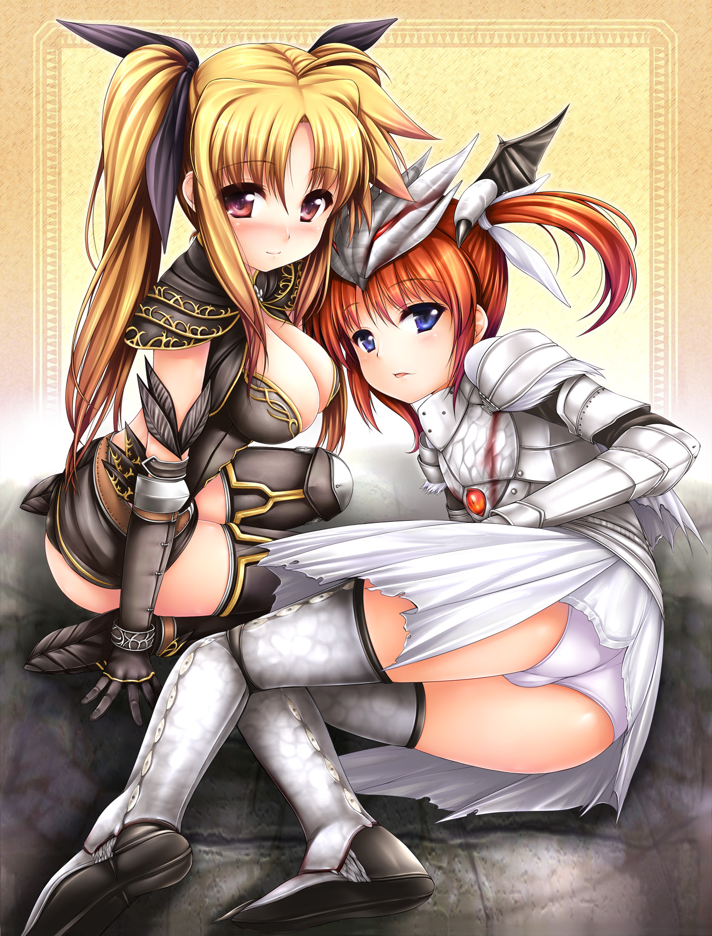 uni8, fate testarossa, takamachi nanoha, capcom, lyrical nanoha, mahou shoujo lyrical nanoha, monster hunter (series), monster hunter frontier, highres, 2girls, armor, ass, blonde hair, blush, boots, breasts, cleavage, cosplay, fatalis (armor), helmet, kneeling, large breasts, long hair, lying, multiple girls, noir (armor), orange hair, panties, smile, thigh boots, thighhighs, twintails, underwear, white panties