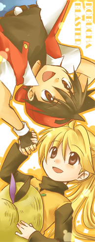 konbu umauma, unagi (kobucha blaster), red (pokemon), yellow (pokemon), nintendo, pokemon, pokemon adventures, lowres, 1boy, 1girl, baseball cap, black hair, blonde hair, blush, brown eyes, couple, fingerless gloves, gloves, happy, hat, hetero, holding hands, lying, open mouth, ponytail, smile