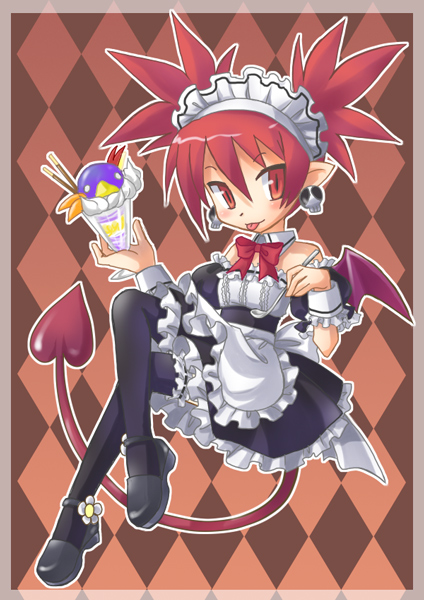 etna (disgaea), karina, prinny, disgaea, makai senki disgaea, 00s, 1girl, :p, alternate costume, apron, argyle background, argyle clothes, blush, brown background, demon girl, demon tail, demon wings, enmaided, headdress, maid, maid apron, maid headdress, mary janes, pointy ears, red eyes, red hair, shoes, skull, tail, thighhighs, tongue, tongue out, wings