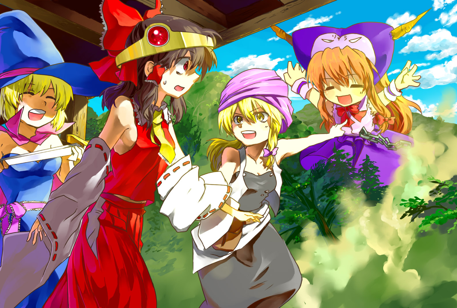zanunoneko, alice margatroid, hakurei reimu, ibuki suika, kirisame marisa, dragon quest, touhou, bad id, bad pixiv id, 4girls, blonde hair, braid, brown hair, cosplay, dress, female focus, forest, giant, giantess, hat, horns, long hair, multiple girls, nature, orange hair, outdoors, parody, plant, red eyes, short hair, skirt, sky, witch, witch hat, yellow eyes