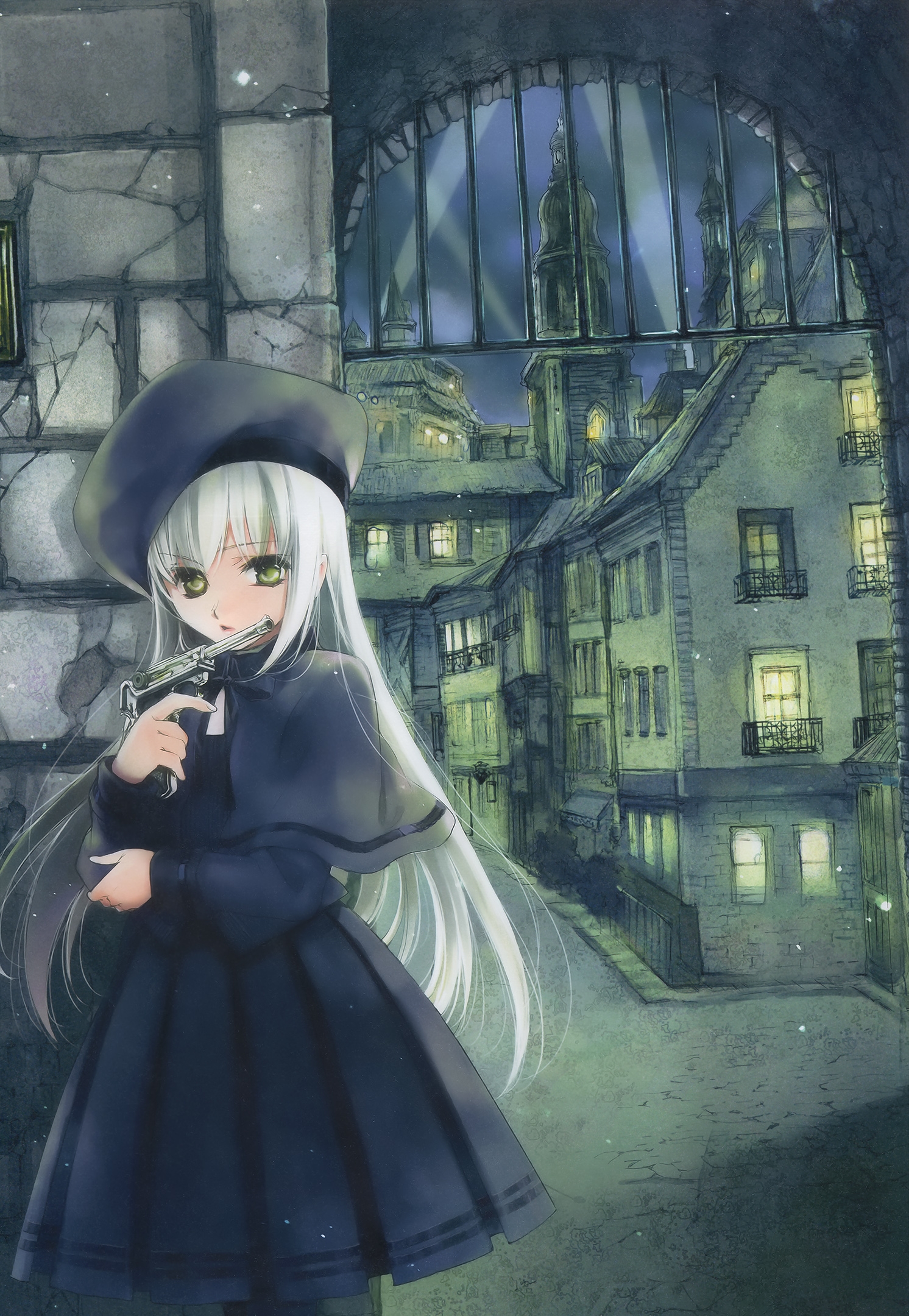 kuramoto kaya, highres, 1girl, female focus, green eyes, grey hair, gun, handgun, hat, long hair, luger p08, outdoors, pistol, sky, solo, trigger discipline, weapon