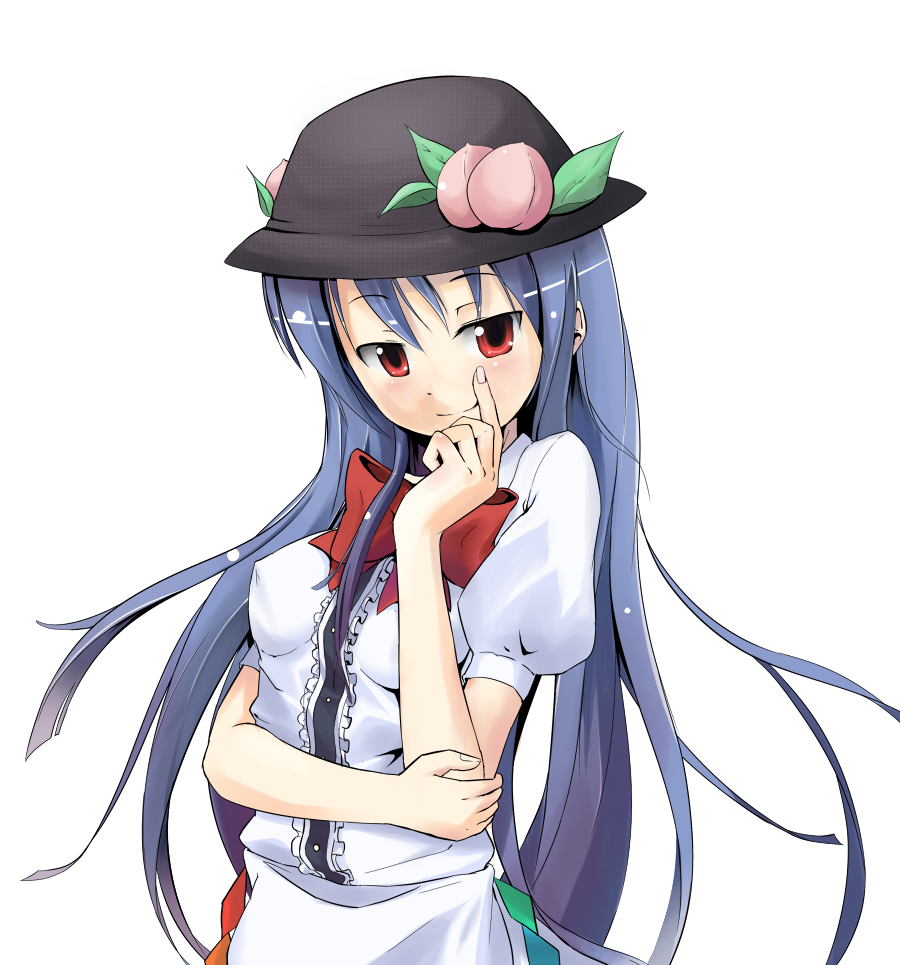 33puruspa, hinanawi tenshi, touhou, bad id, bad pixiv id, 1girl, blue hair, female focus, food, fruit, hat, long hair, peach, red eyes, simple background, solo, white background