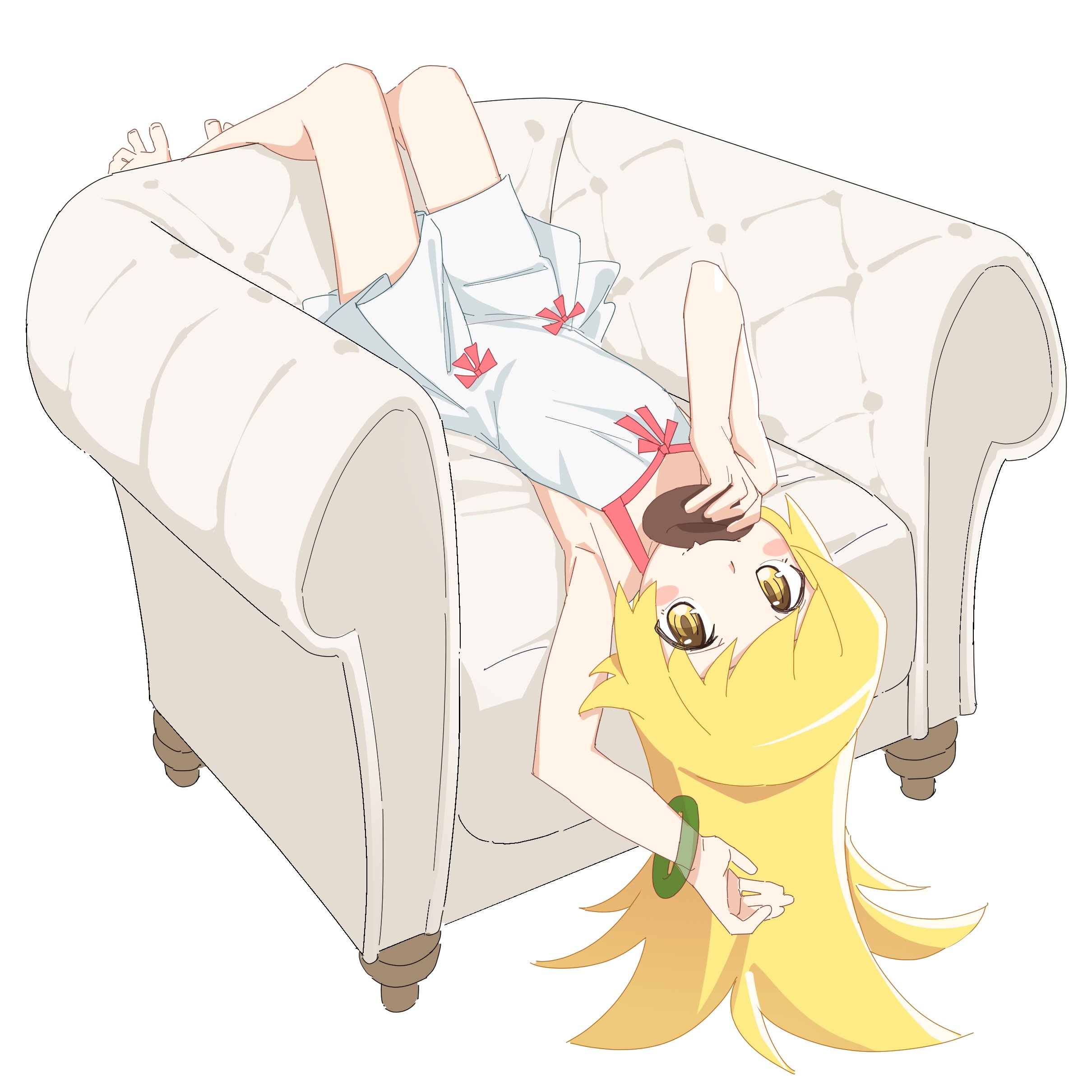 ri-el, oshino shinobu, monogatari (series), absurdres, highres, 1girl, armpits, blonde hair, blush stickers, bracelet, couch, donut, dress, eating, food, holding, holding donut, holding food, jewelry, legs up, long hair, looking at viewer, lying, on back, pink ribbon, ribbon, solo, white background, white dress, yellow eyes