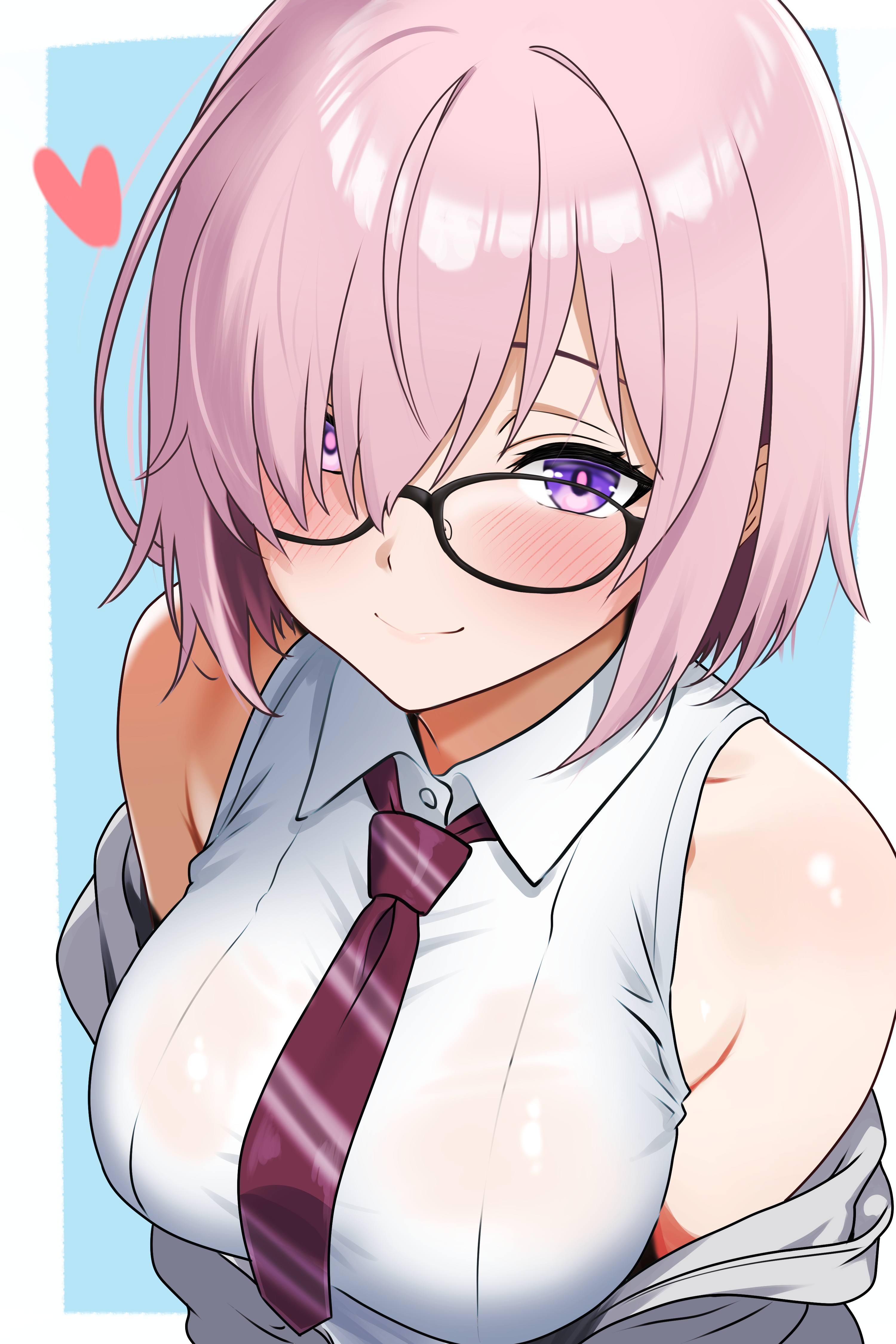 bamboo tac, mash kyrielight, fate/grand order, fate (series), absurdres, highres, 1girl, bare shoulders, blush, breasts, glasses, hair over one eye, large breasts, long sleeves, looking at viewer, off shoulder, pink hair, purple eyes, short hair, smile, solo