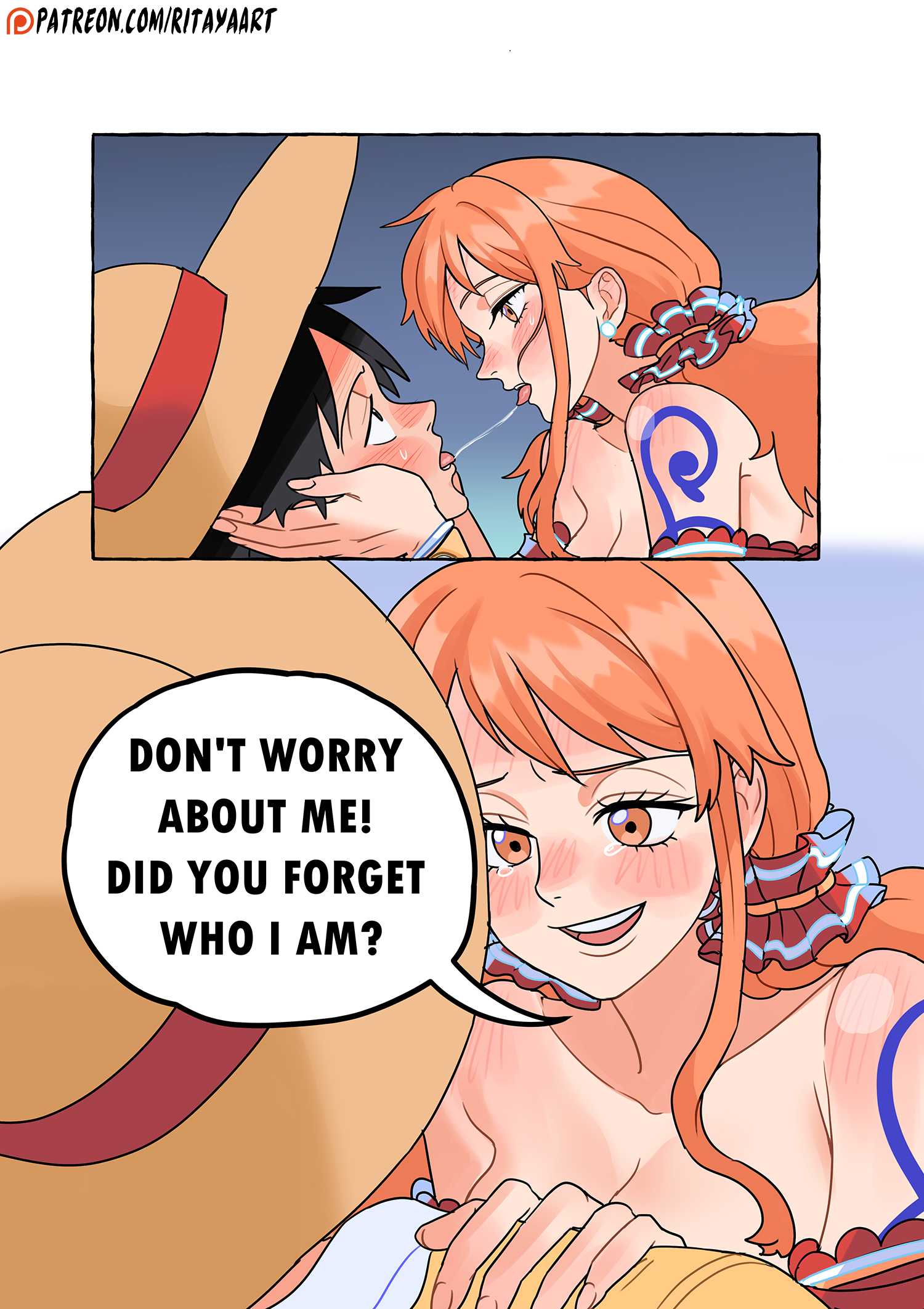 rita ya, monkey d. luffy, nami (one piece), one piece, commentary, english commentary, highres, 1boy, 1girl, after kiss, bangle, bare shoulders, black hair, blush, bracelet, breasts, collarbone, earrings, english text, eyelashes, face-to-face, from side, hair ornament, hair scrunchie, hand on another's shoulder, hands on another's cheeks, hands on another's face, hat, hetero, jewelry, large breasts, log pose, long hair, looking at another, low twintails, off-shoulder shirt, off shoulder, open mouth, orange eyes, orange hair, patreon username, pearl earrings, profile, red scrunchie, saliva, saliva trail, scrunchie, shirt, shoulder blush, shoulder tattoo, single sidelock, speech bubble, straw hat, tattoo, tongue, tongue out, twintails, upper body