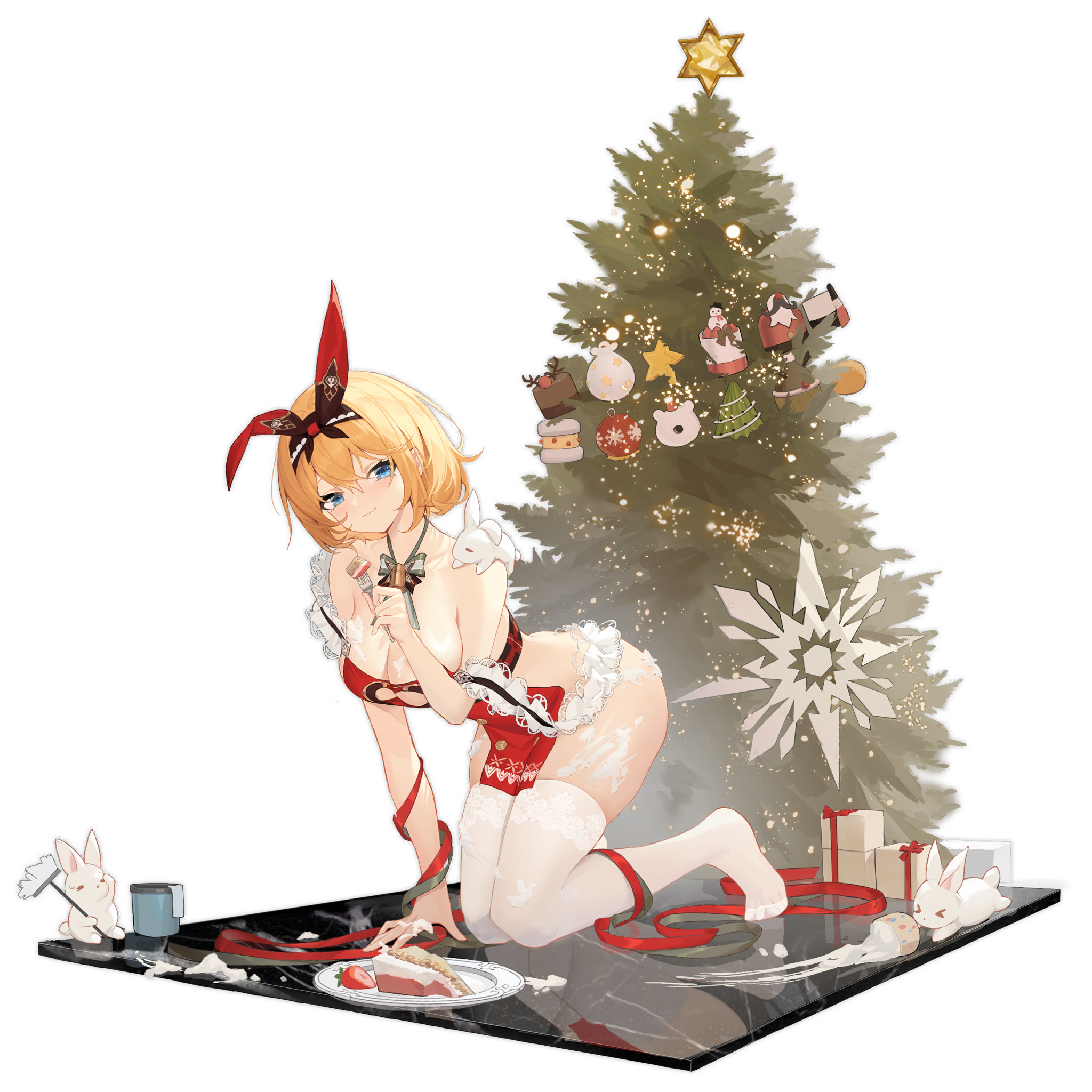 m1911 (girls' frontline), girls' frontline, highres, official art, 1girl, :3, all fours, arm ribbon, backless outfit, bell, bent over, blonde hair, blue eyes, blush, breasts, cake, christmas tree, cleavage cutout, clothing cutout, cream on body, cream on breasts, eating, food, fork, full body, gift, hair between eyes, hair ribbon, hairband, heart cutout, holding, holding fork, kneeling, leg ribbon, m1911 (sweetheart bunny chef) (girls' frontline), medium breasts, medium hair, neck bell, no bra, no panties, orange hair, rabbit, red ribbon, ribbon, skindentation, smile, solo, strap slip, thighhighs, thighs