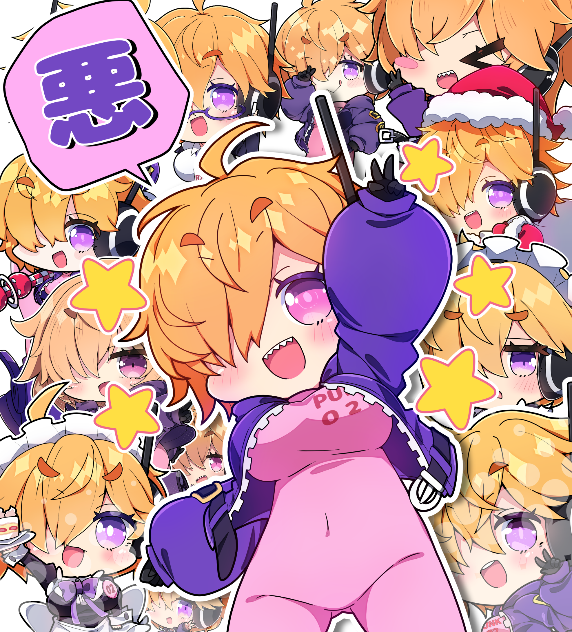 milkpanda, vegapunk lilith, one piece, commentary request, highres, > <, :d, :q, ahoge, alternate costume, black dress, black gloves, blush, bodysuit, breasts, closed eyes, covered groin, covered navel, dress, enmaided, fur-trimmed headwear, fur trim, glasses, gloves, hair over one eye, hat, jacket, juliet sleeves, large breasts, long sleeves, maid, maid headdress, open clothes, open jacket, open mouth, orange hair, outline, pink bodysuit, pink eyes, puffy long sleeves, puffy sleeves, purple-tinted eyewear, purple eyes, purple jacket, santa hat, semi-rimless eyewear, sharp teeth, short eyebrows, sleeves past wrists, smile, teeth, thick eyebrows, tinted eyewear, tongue, tongue out, under-rim eyewear, v, v-shaped eyebrows, white outline, xd