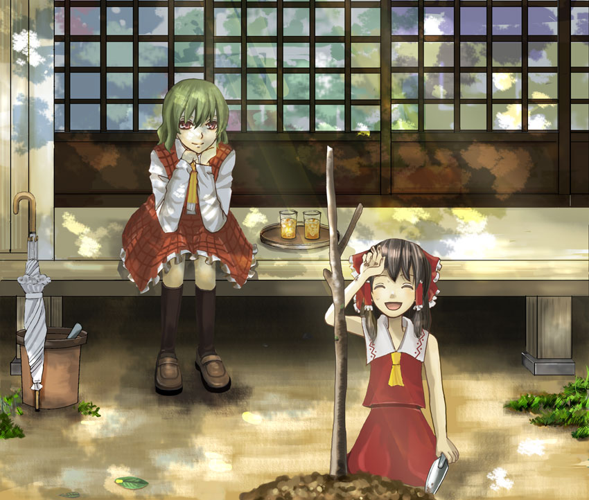 halu-natsu, hakurei reimu, kazami yuuka, touhou, bad id, bad pixiv id, 2girls, :d, ascot, brown hair, closed eyes, closed umbrella, female focus, flower pot, gardening, green hair, head rest, multiple girls, open mouth, plaid clothes, plaid skirt, plaid vest, porch, red eyes, shade, short hair, skirt, skirt set, slice of life, sliding doors, smile, spade, trowel, umbrella, veranda, vest, worktool