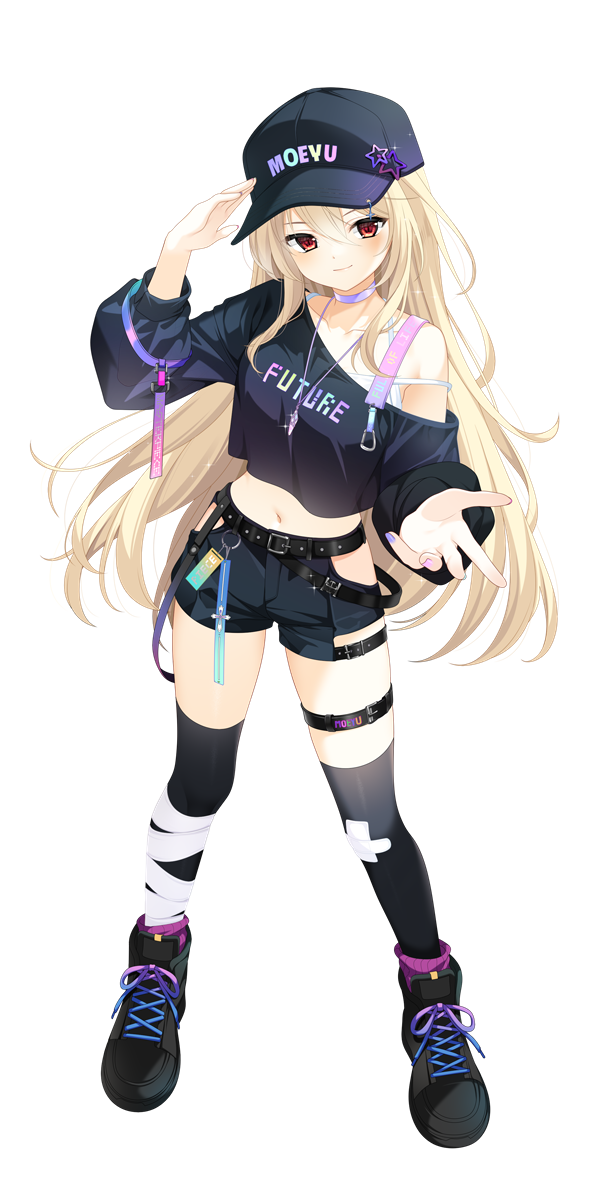 loading (verjuice), original, highres, 1girl, arm up, bandaged leg, bandages, baseball cap, black hat, black shirt, black shoes, black shorts, black thighhighs, blonde hair, breasts, closed mouth, clothes writing, crop top, crop top overhang, full body, hair between eyes, hand on headwear, hat, long hair, long sleeves, medium breasts, midriff, multicolored nails, nail polish, navel, off shoulder, pink nails, puffy long sleeves, puffy sleeves, purple nails, red eyes, shirt, shoes, short shorts, shorts, simple background, smile, solo, standing, thighhighs, very long hair, white background