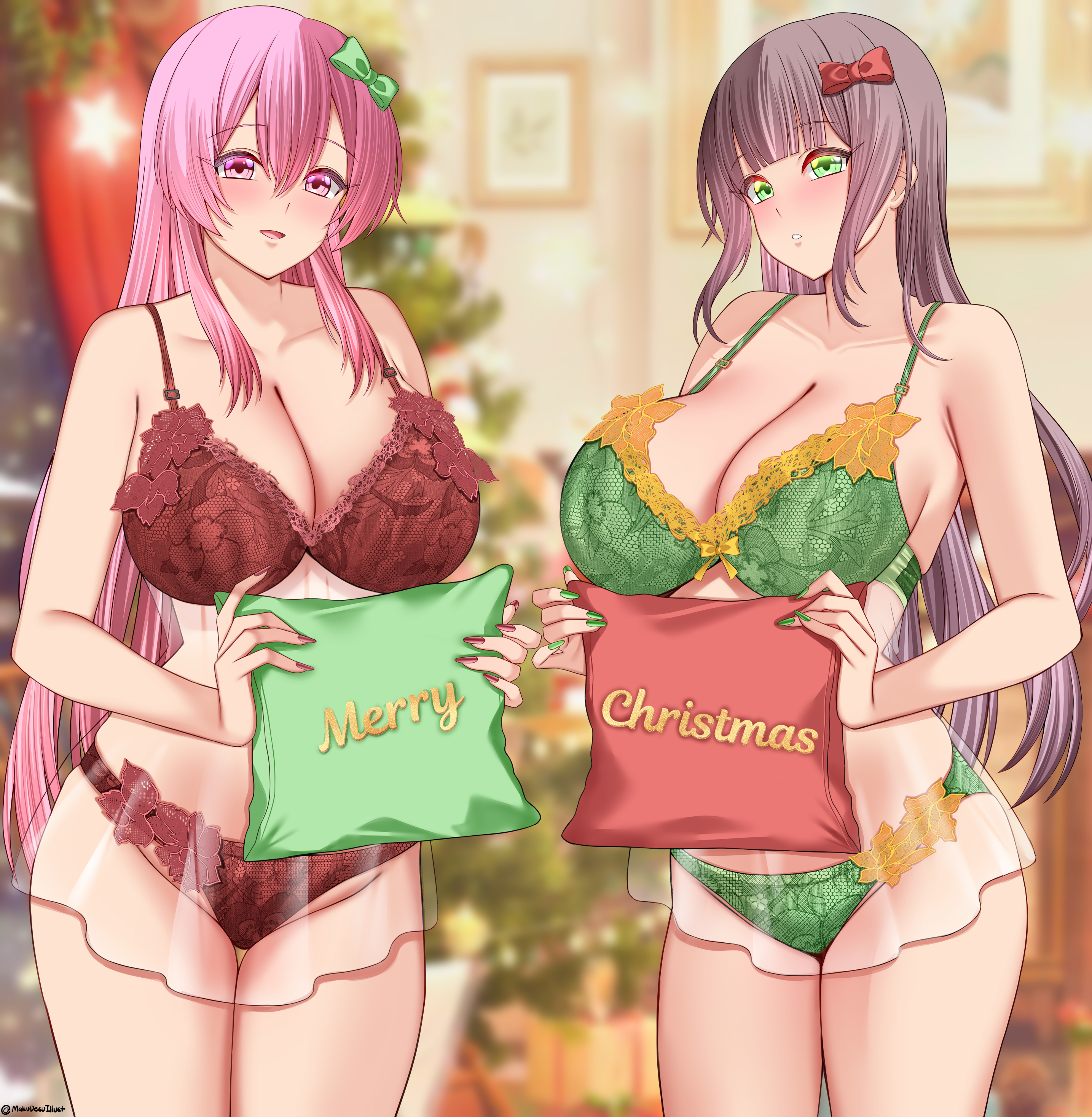 makudesu, original, absurdres, commentary request, commission, highres, 2girls, babydoll, bare arms, blurry, blurry background, bow, bra, breasts, brown hair, christmas, christmas present, cleavage, collarbone, curtains, depth of field, gift, green bow, green bra, green eyes, green panties, hair bow, holding, holding pillow, indoors, large breasts, long hair, multiple girls, night, panties, parted lips, picture frame, pillow, pink eyes, pink hair, red bow, red bra, red panties, see-through babydoll, see-through clothes, sidelocks, smile, standing, thighs, underwear, very long hair, window