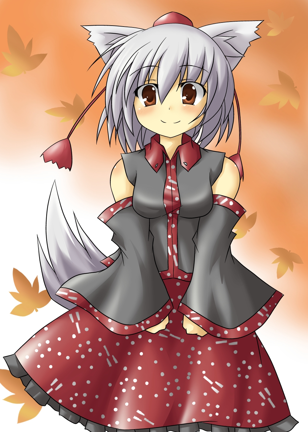 mitukihiro, inubashiri momiji, kochiya sanae, touhou, silver hair, highres, 1girl, animal ears, cosplay, detached sleeves, female focus, hat, kochiya sanae (cosplay), red eyes, short hair, solo, tail, tokin hat, wolf ears, wolf tail