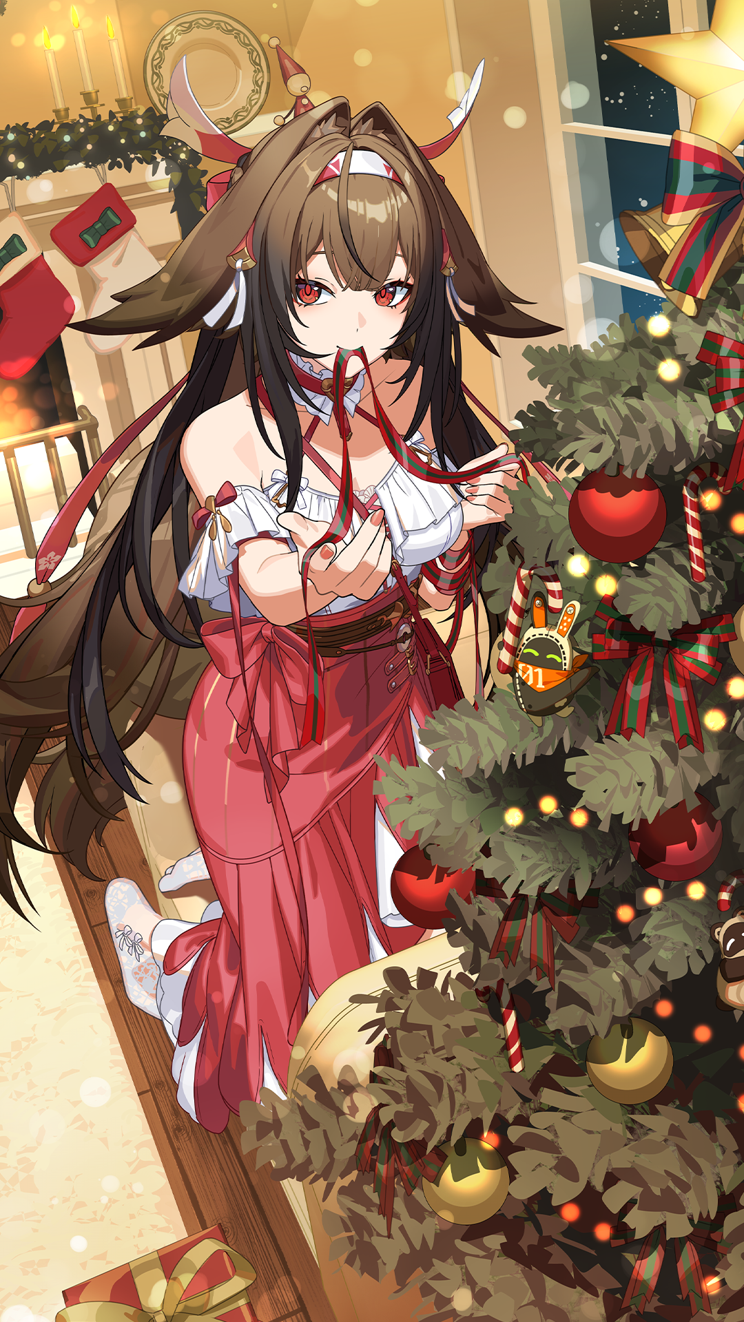 ye shunguang, ye shunguang (touch of dawnlight), zenless zone zero, highres, official art, 1girl, animal ears, bare shoulders, brown hair, christmas ornaments, christmas tree, droopy ears, fireplace, fox ears, fox girl, frills, hair ornament, hairband, lace socks, long hair, long skirt, looking at viewer, mouth hold, official alternate costume, red eyes, red skirt, ribbon, ribbon in mouth, shirt, skirt, solo, very long hair, white shirt