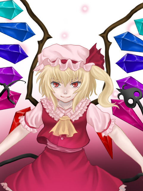 oumadoki, flandre scarlet, touhou, 1girl, blonde hair, female focus, gradient background, hair between eyes, hat, laevatein, mob cap, red eyes, short hair, side ponytail, solo, standing, white background, wings