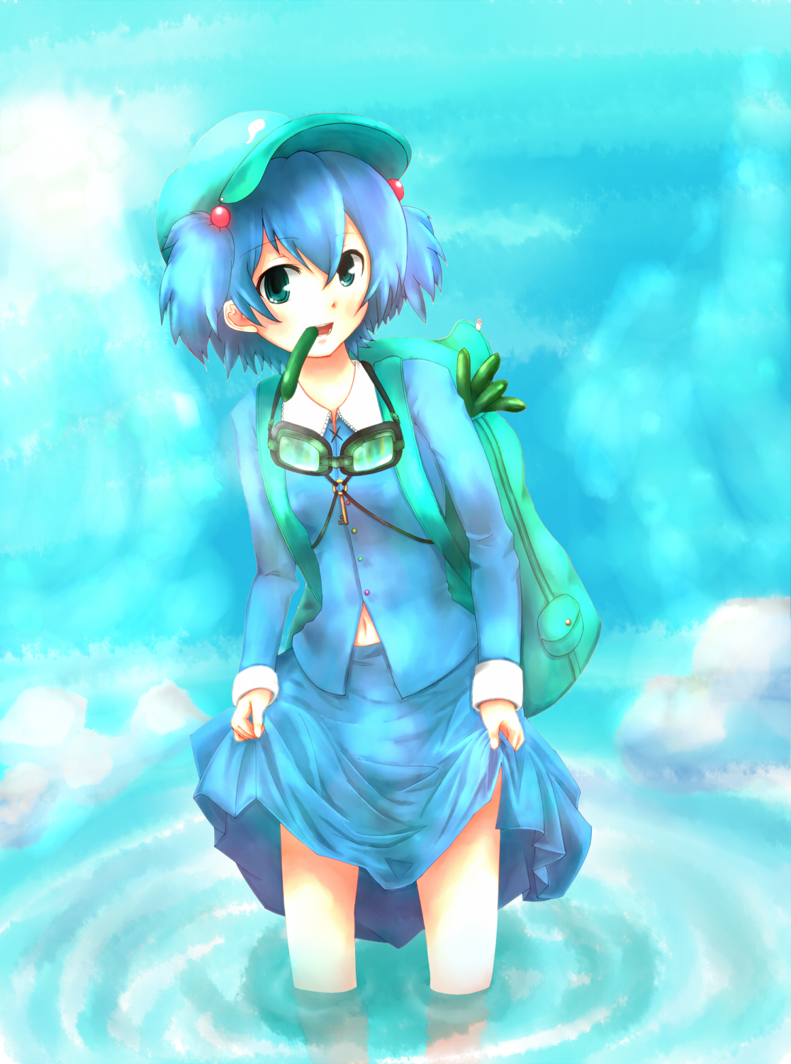 na (zooncopter), naka (na0540507), kawashiro nitori, touhou, bad id, bad pixiv id, highres, 1girl, backpack, bag, blue eyes, blue hair, cucumber, female focus, goggles, goggles around neck, hair bobbles, hair ornament, hat, key, matching hair/eyes, mouth hold, navel, randoseru, short hair, skirt hold, solo, twintails, two side up, wading, water