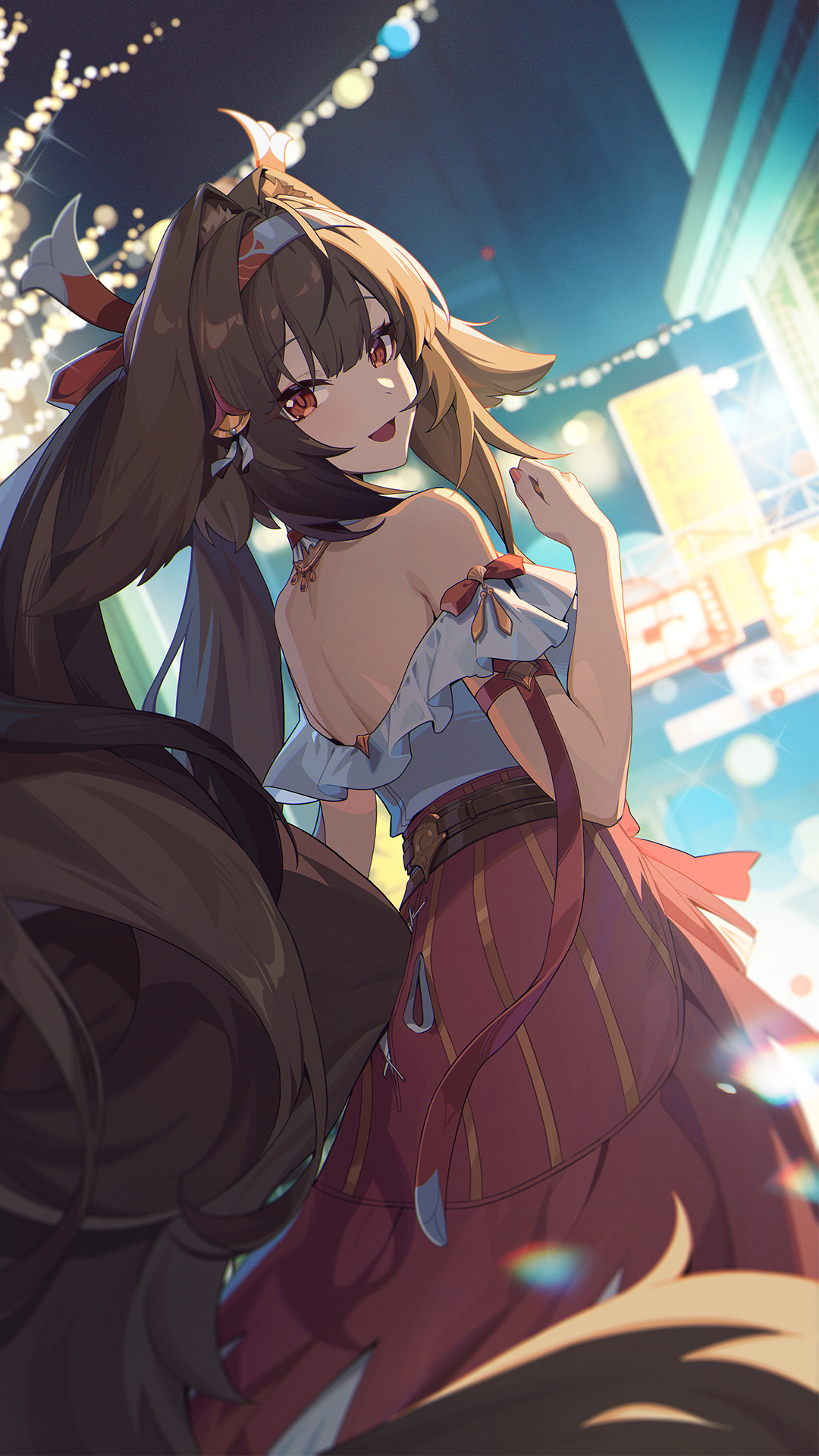 ye shunguang, ye shunguang (touch of dawnlight), zenless zone zero, highres, official art, 1girl, animal ears, backless dress, backless outfit, bare shoulders, brown hair, brown tail, casual, christmas lights, dress, droopy ears, dutch angle, film grain, fox ears, fox girl, frills, hair ornament, hairband, long hair, long skirt, looking at viewer, looking back, nail polish, official alternate costume, open mouth, skirt, solo