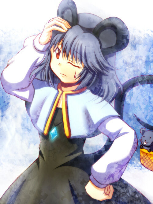 qontamblue, nazrin, touhou, 1girl, animal ears, basket, female focus, grey hair, hand on own head, hand on own hip, mouse (animal), mouse ears, mouse tail, one eye closed, red eyes, short hair, solo, sweatdrop, tail